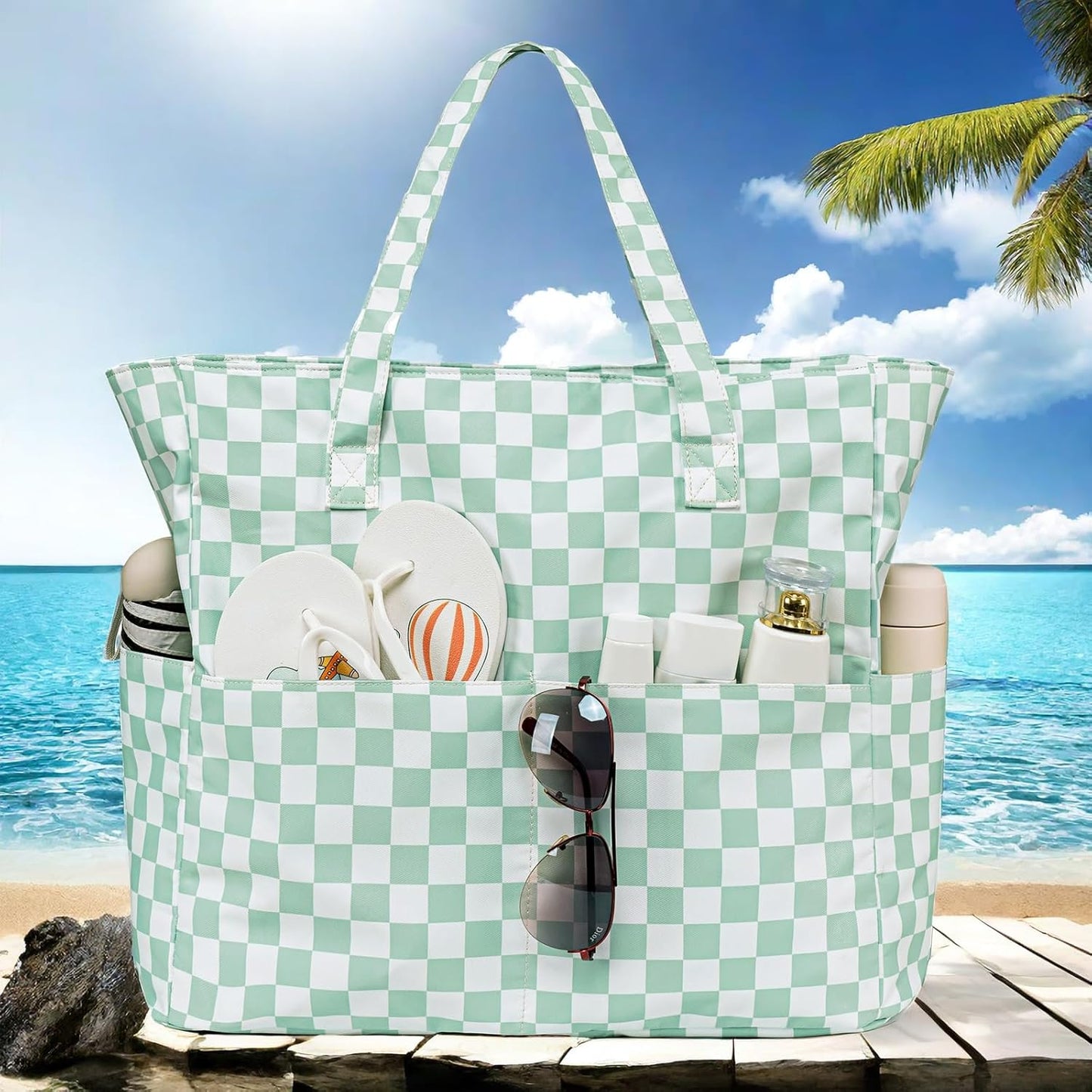 LEDAOU Large Beach Tote Bag Women Waterproof Sandproof Zipper Beach Tote Bag for Pool Gym Grocery Travel with Wet Pocket
