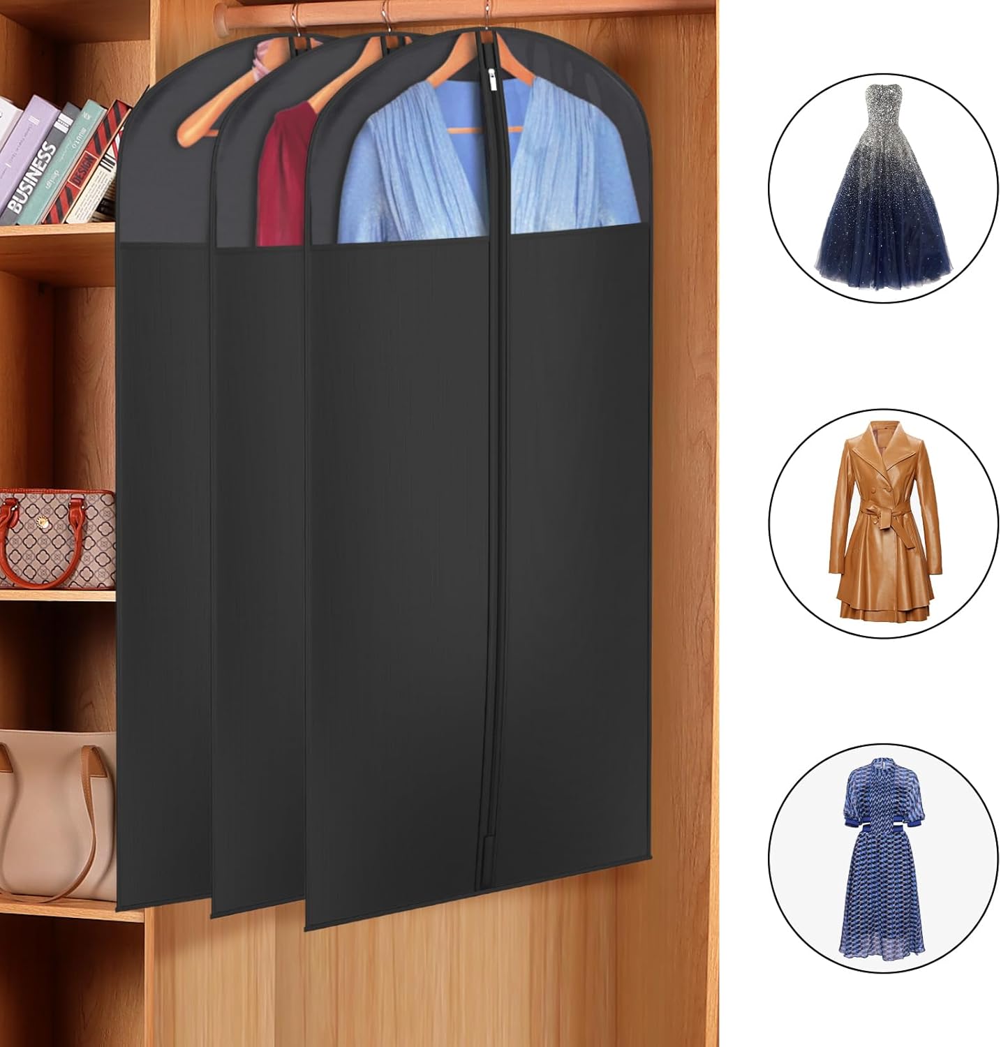 Univivi Long Garment Bags for Hanging Clothes, 54" Dress Bags for Gowns Long for Closet Storage with Large Visible Window for Long Suits, Coats, Dresses, 6 Pack, Black