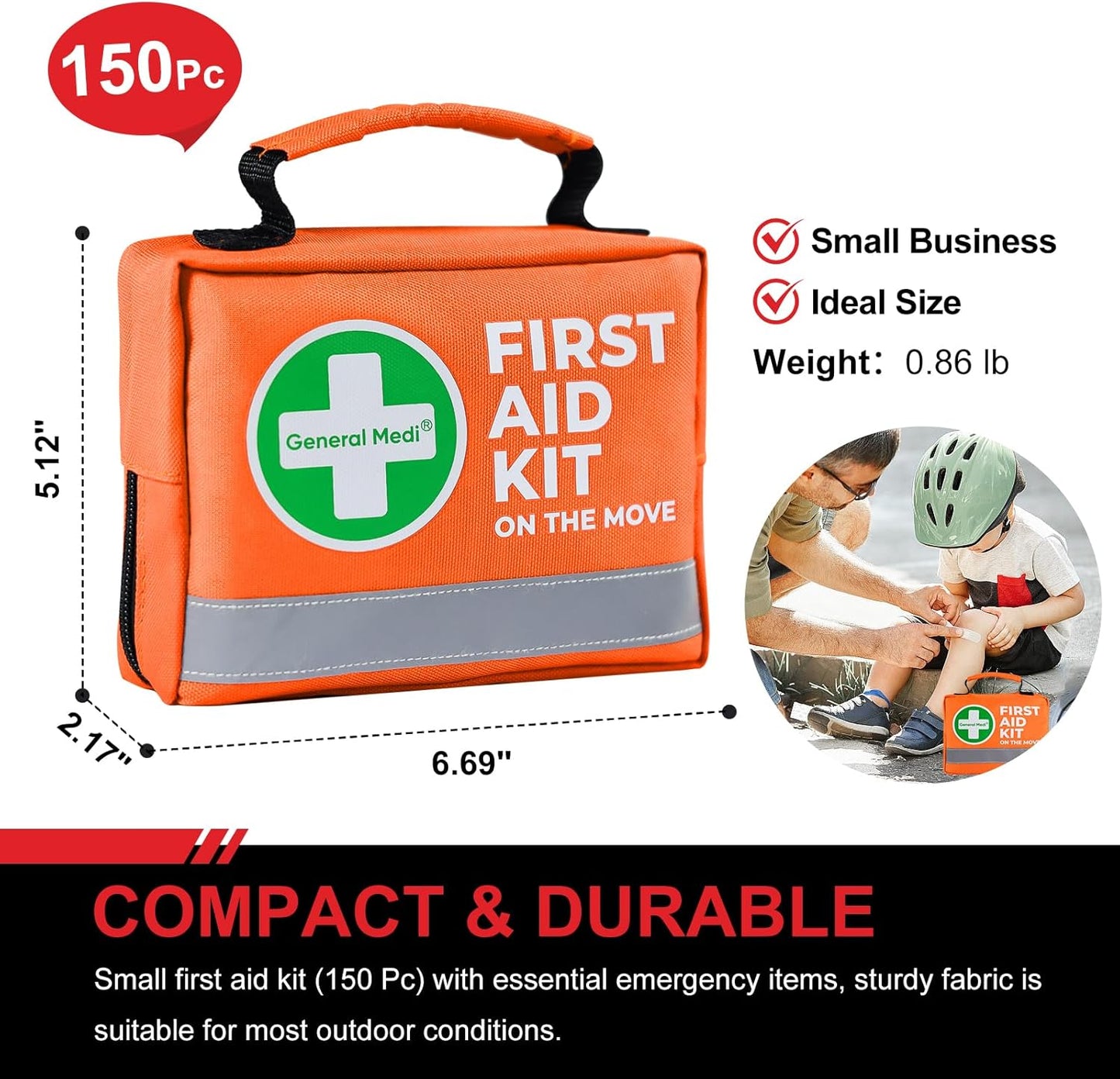 General Medi First Aid Kit - 150 Pieces Small Compact First Aid Kit Bag - Includes Instant Cold Pack, Emergency Blanket for Travel, Home, Office, Vehicle, Camping（Orange）