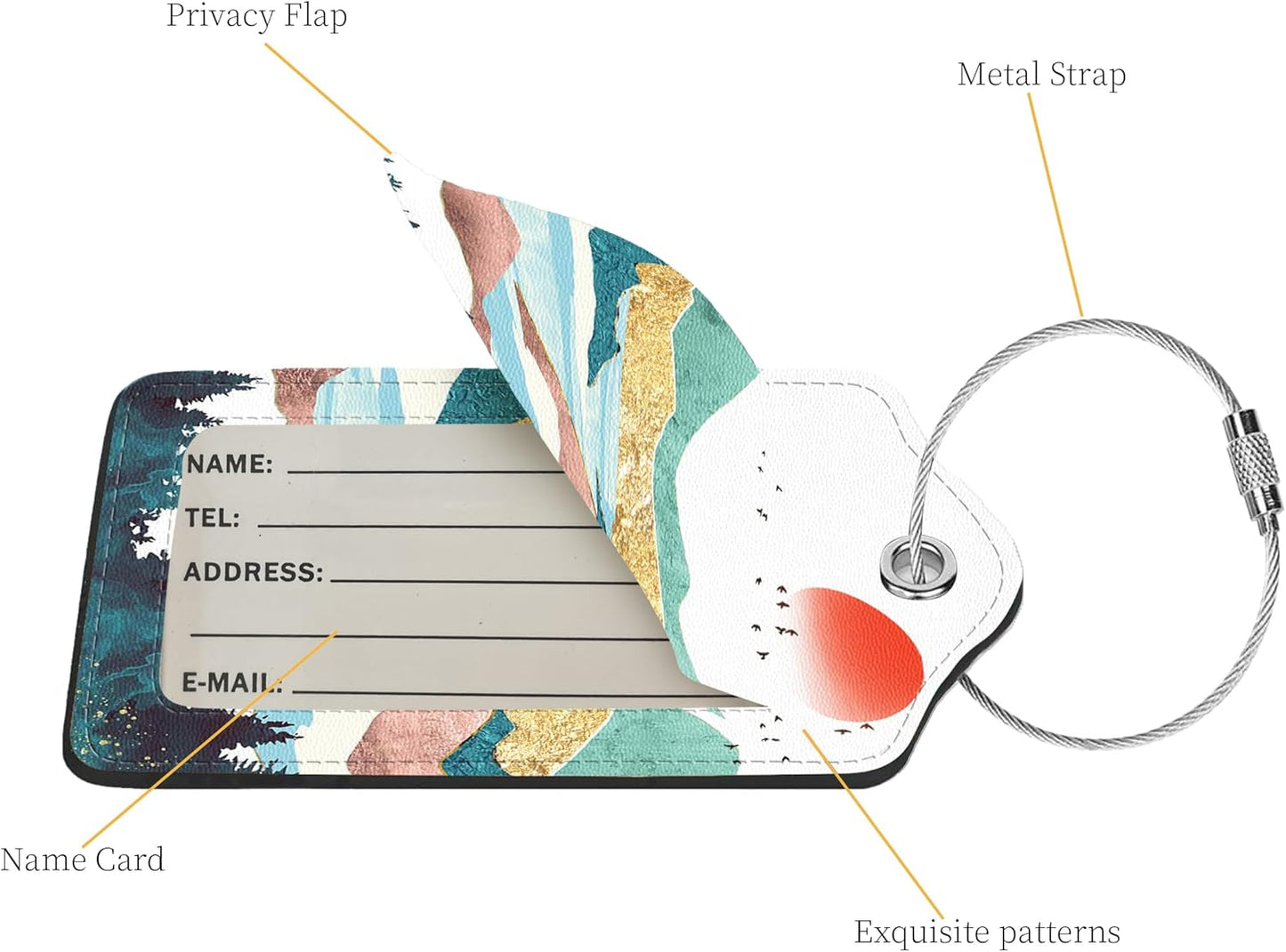 2 Pcs Luggage Tags for Suitcases, PU Leather Cruise Ship Luggage Tags with Privacy Cover Label Address Card and Durable Metal Ring Suitable for Men Women Handbags Backpacks Schoolbag,Golden Mountains