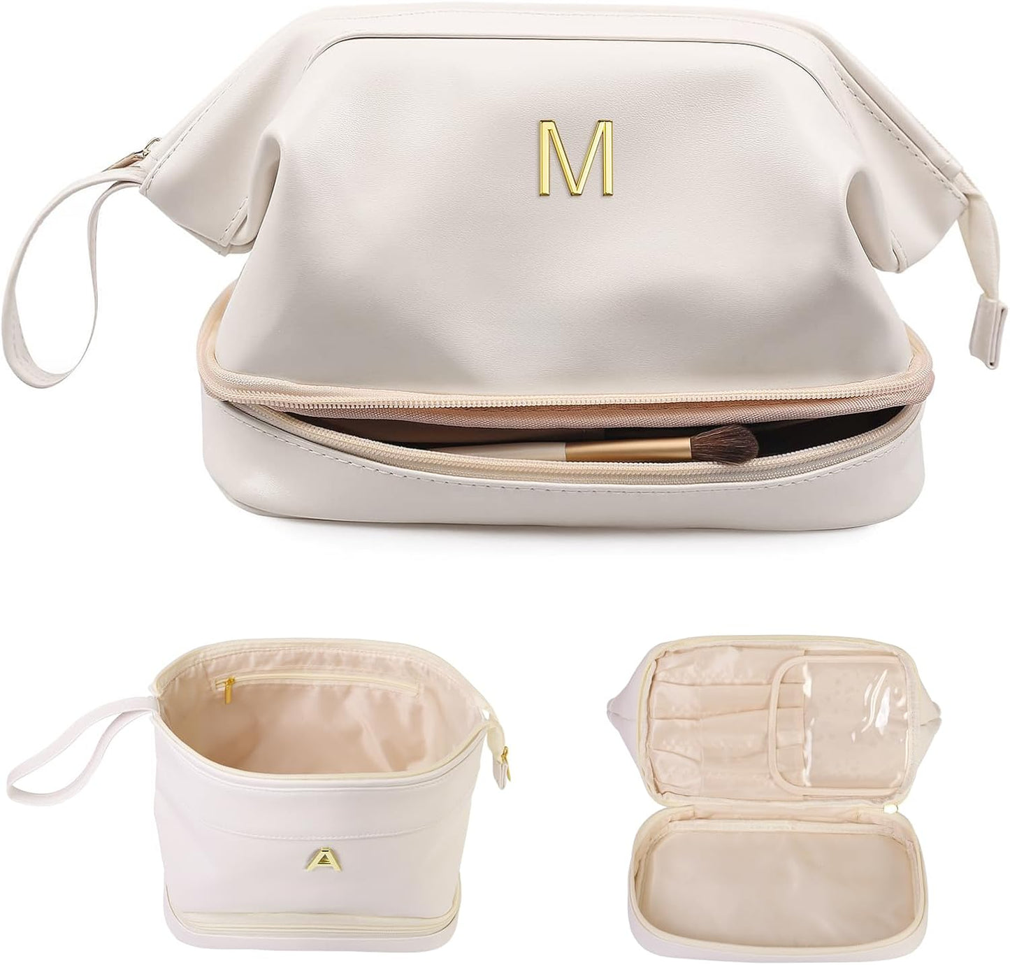 Birthday Gifts-Teen Girl Gifts Trendy Stuff Initial Large Makeup Bag for Women, Personalized Double Layer Cosmetic Bag with Makeup Brush Organizer, PU Leather Travel Toiletry Bag,Bride Gift