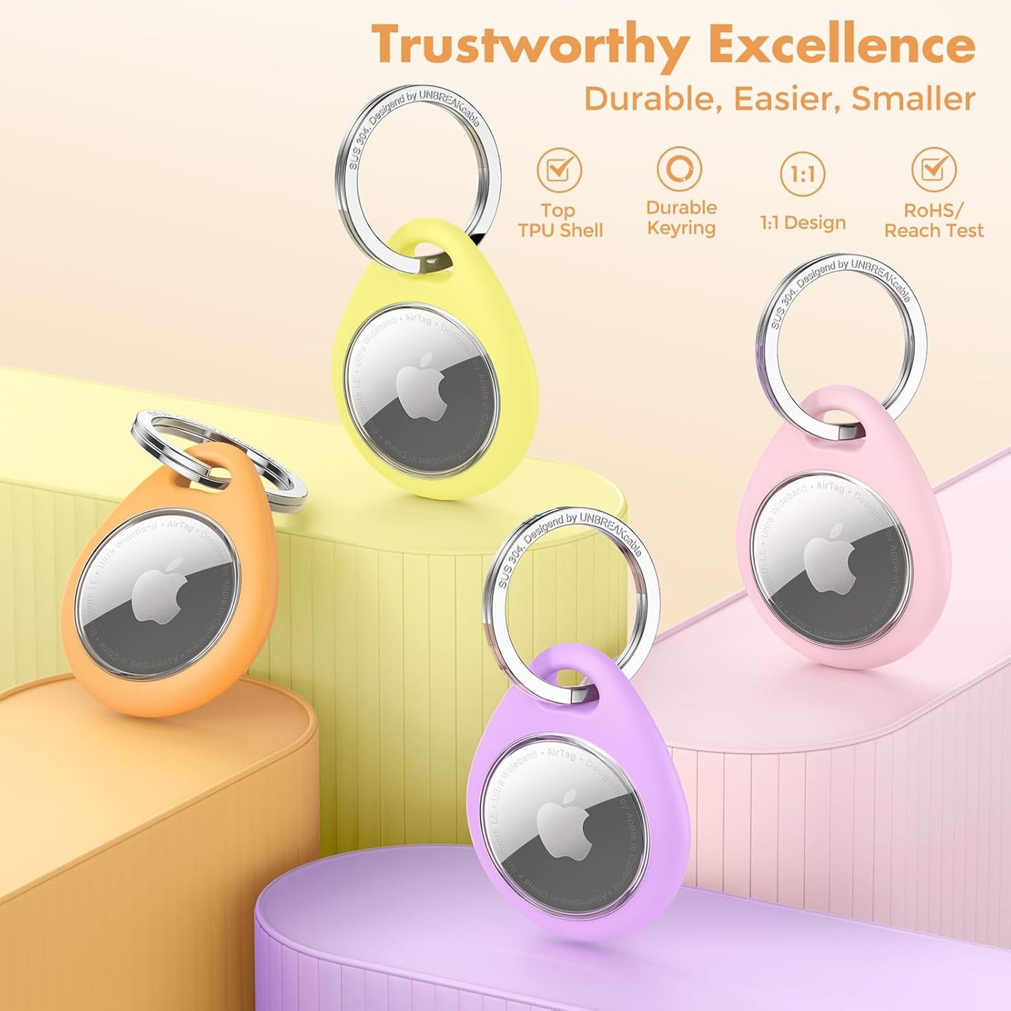 UNBREAKcable Holder for Apple AirTag with 304 Stainless Steel Keychain Key Ring - 4 Pack [Fit Tightly Design] [Easy to Install] [Hold Air Tag Securely] Waterproof TPU Shell Protective Case, 4 Color