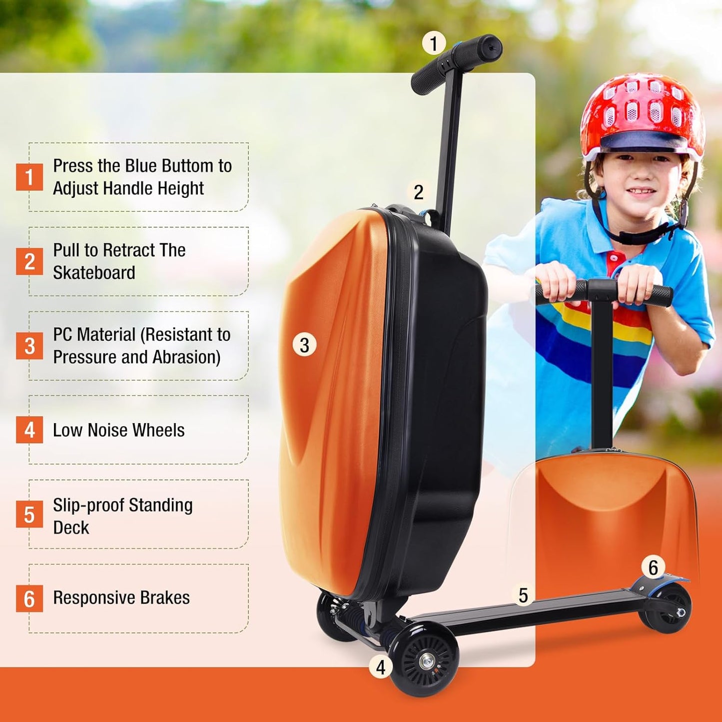 20" Scooter Suitcase for Kids, 2-in-1 Ride On Luggage with Wheels for Boys & Girls Ages 4-15, Foldable Hardshell Carry On Lightweight Travel Suitcase for Airplane (No LED, Orange)