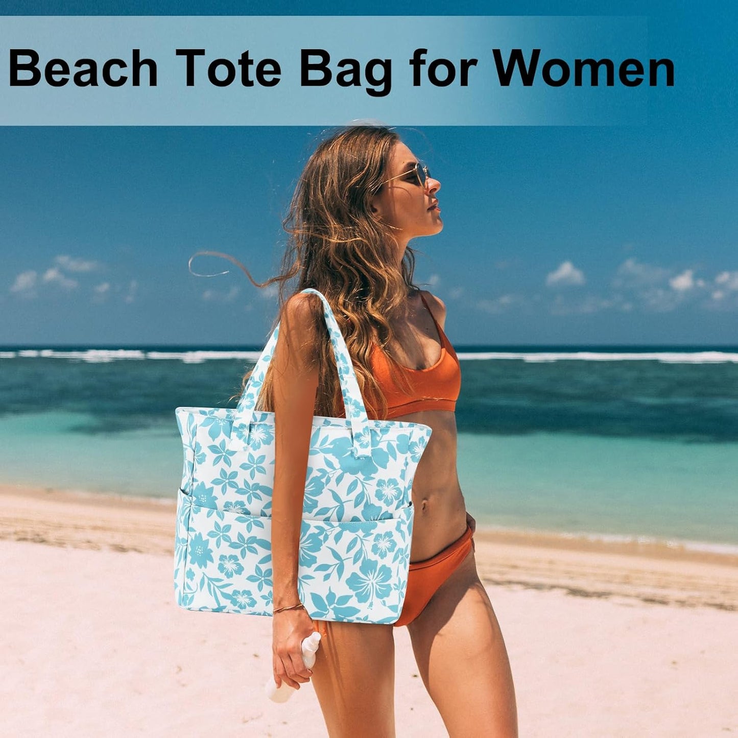 LEDAOU Large Beach Tote Bag Women Waterproof Sandproof Zipper Beach Tote Bag for Pool Gym Grocery Travel with Wet Pocket