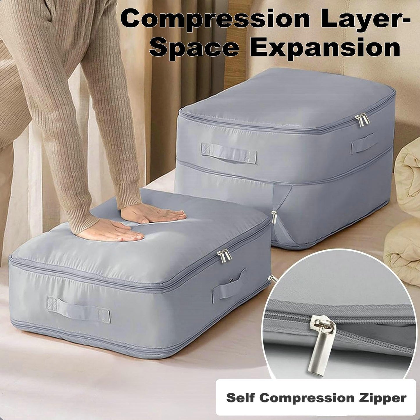 Ultra Space Saving Self Compression Organizer, 2025 New Large Capacity Storage Bag, Thick Satin Fabric Heavy Duty Bags for Comforters Blankets Bedding Duvet (Gray, Large, 21x17x12in)