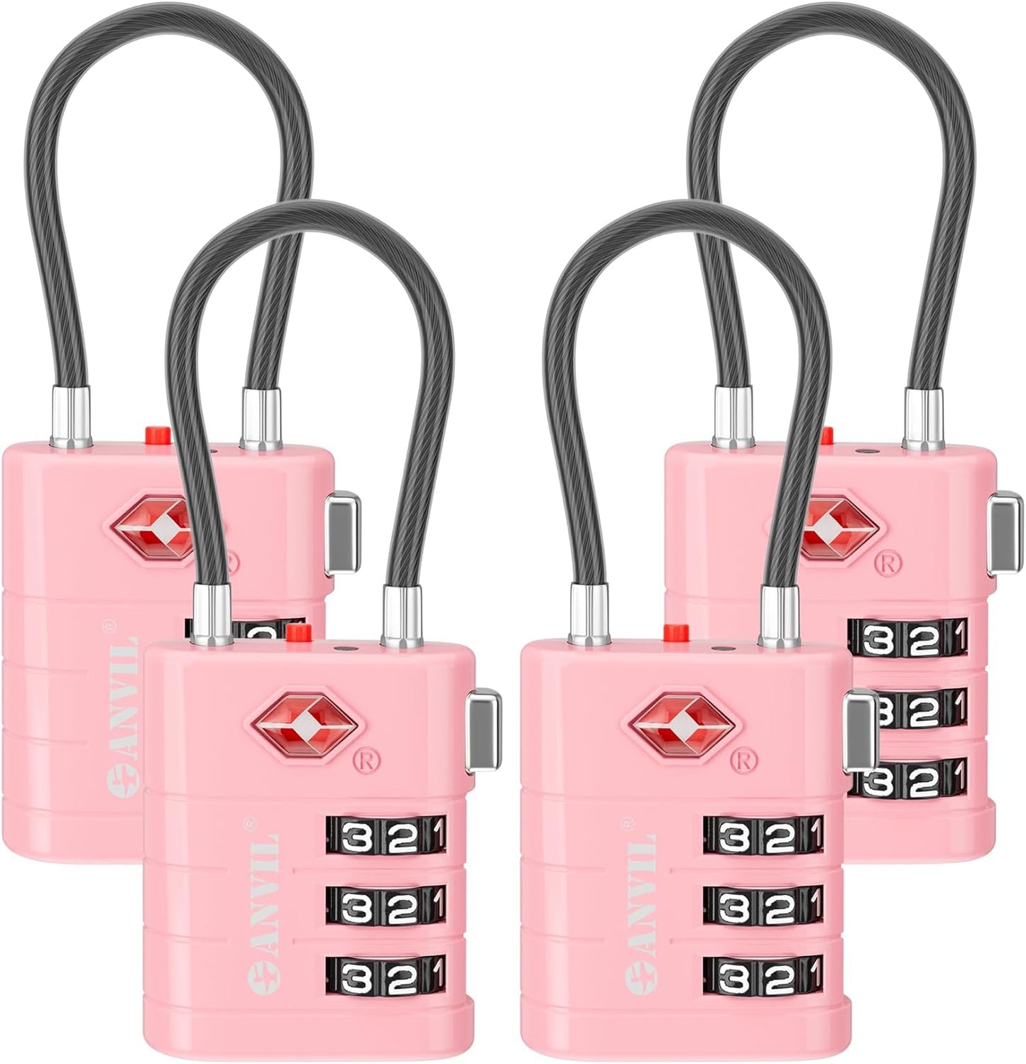 ANVIL TSA Approved Luggage Locks – High Security TSA008 Combination Travel Locks with Inspection Indicator for Suitcases and Backpacks. (4, Pink)