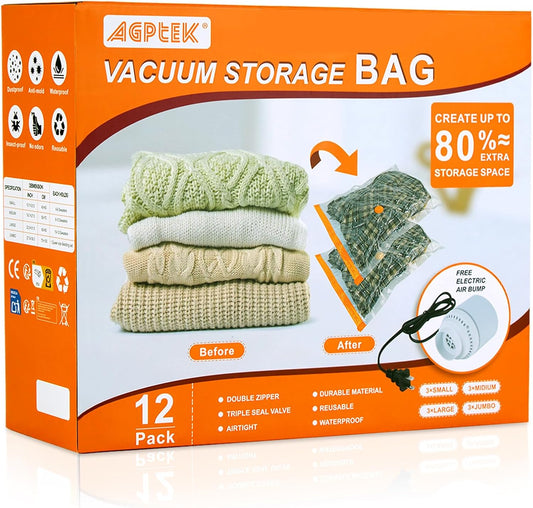 AGPTEK 12 Pack Vacuum Storage Bags(3 Jumbo/Large/Medium/Small) Compression Storage Bags for Blankets Clothes, Space Saver Vacuum Seal Bags for Clothing Bedding Travelling Luggage(Electric Pump)