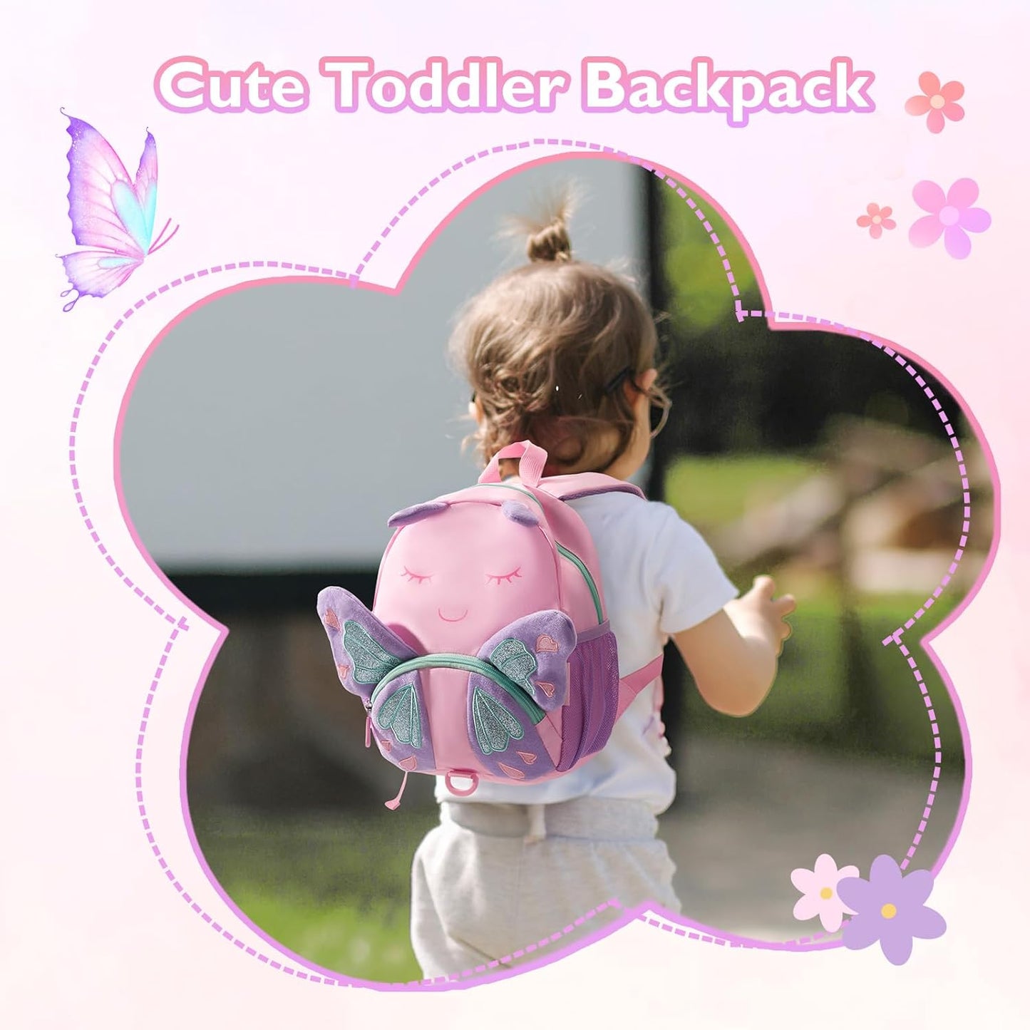mommore Toddler Backpack for Girls 2-4, 3D Cartoon Cute Kids Backpack Water-Resistant Compact for Travel Preschool with Toddler Leash, Chest Buckle, Butterfly