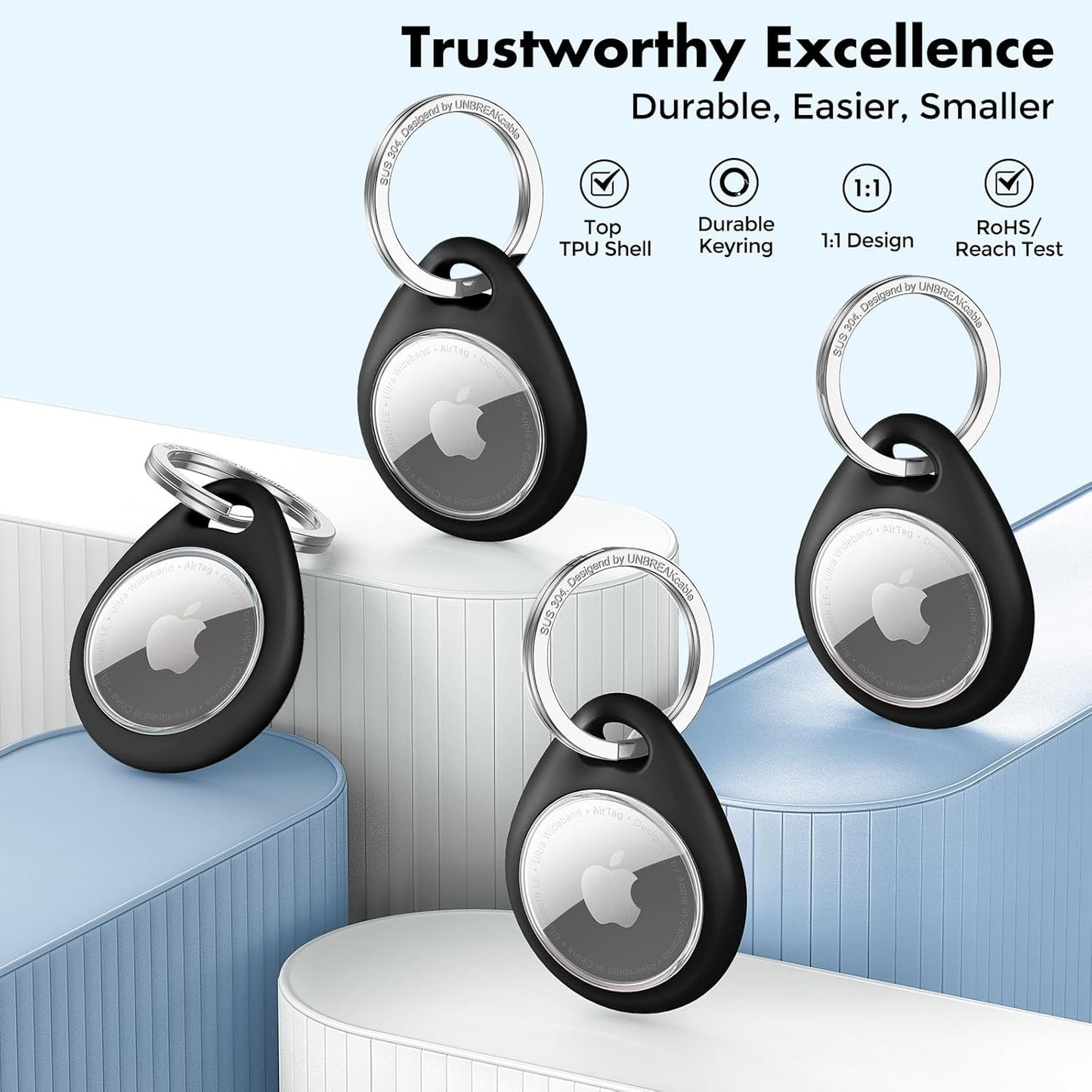 UNBREAKcable Holder for Apple AirTag 4 Pack [Hold Air Tag Securely] [Easy to Install] [Fit Tightly Design] Protective Case Waterproof TPU Shell with 304 Stainless Steel Key Ring Keychain, Black