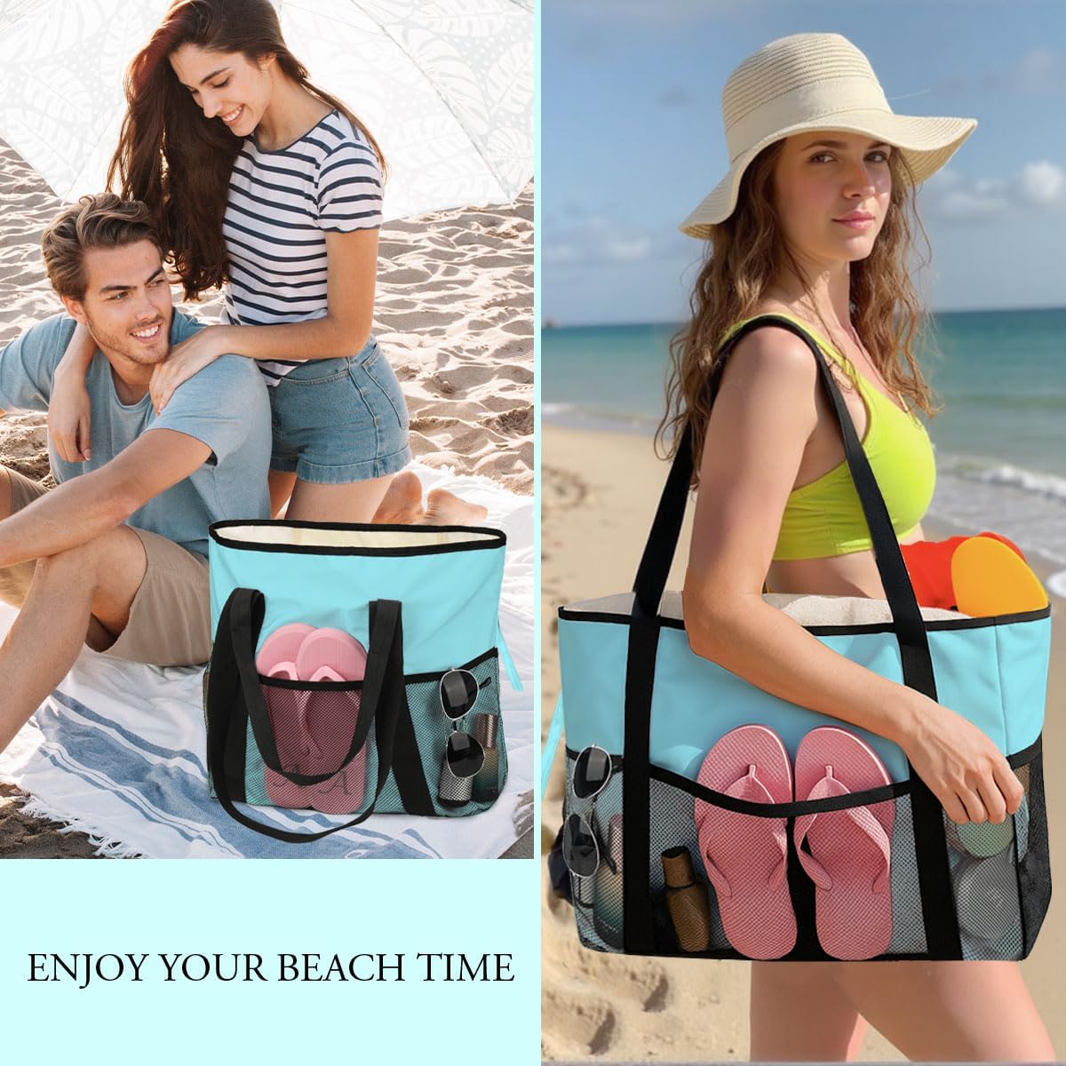 8-Pocket Waterproof Tote for Women -Sandproof Beach Bag with Zipper& Family | Foldable Travel Swim Bag (Gift-Ready)