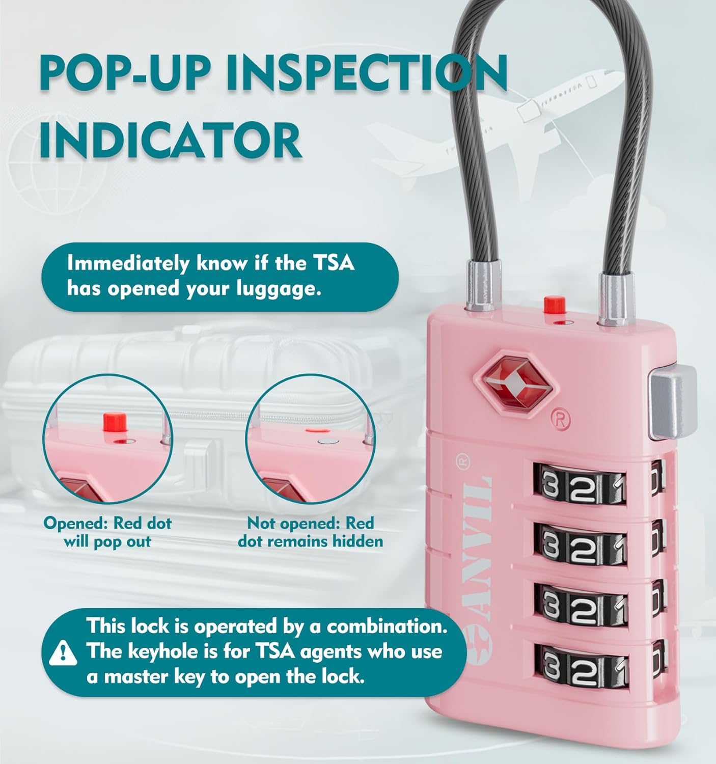 ANVIL 4 Digit Luggage Locks, TSA Locks for Luggage, Advanced TSA008 core, Alert Indicator for Your Travel Lock, Suitcase Lock. (3, Pink)