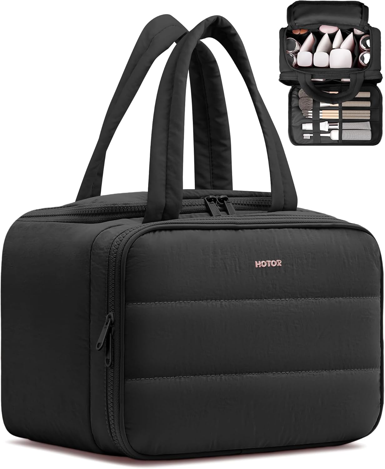 HOTOR Travel Toiletry Bag - Wide-Open Toiletry Bag for Women, Multi-Pocket Makeup Bag for Travel Essentials, Wet & Dry Separation Travel Accessories for Trip, Gym, 12.6" x 6.3" x 8.9", Black