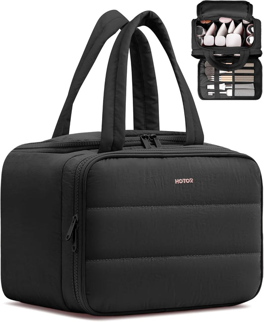 HOTOR Travel Toiletry Bag - Wide-Open Toiletry Bag for Women, Multi-Pocket Makeup Bag for Travel Essentials, Wet & Dry Separation Travel Accessories for Trip, Gym, 12.6" x 6.3" x 8.9", Black