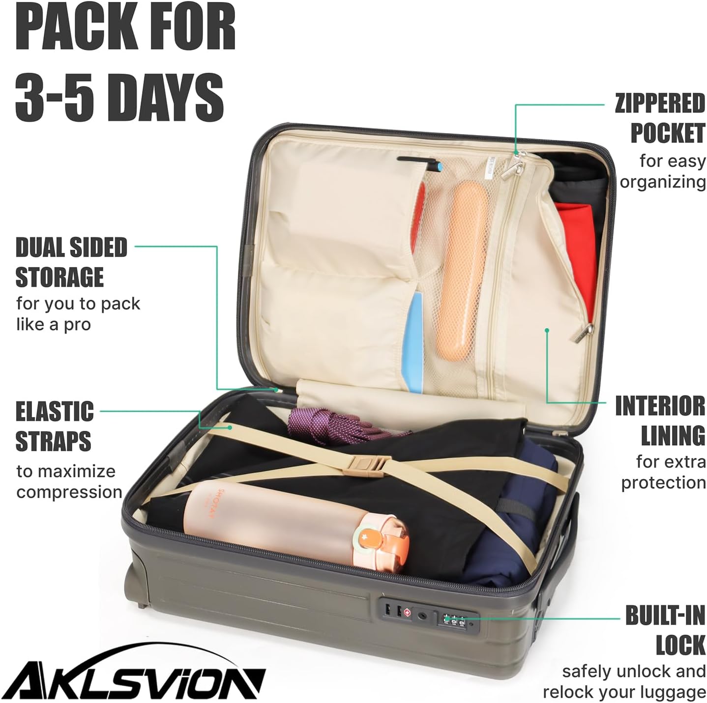 18-inch Carry-on Boarding Luggage: Equipped with Movable Wheels, TSA Approved,Under the Seat, Hard Shell Construction, Lightweight Bag with Essential Accessories (Greenish Grey)