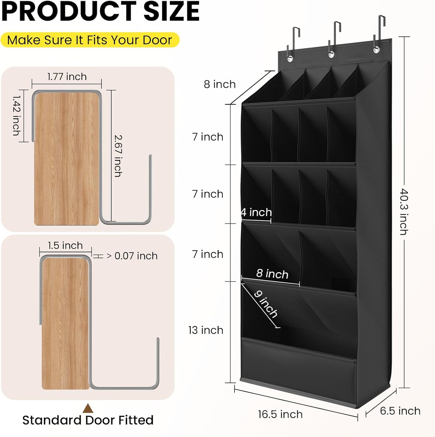 Over the Door Shoe Organizer for Closet, Shoes Rack for Closet with 15 Large Pockets, Hanging Shoe Organizers for Boot Storage, Behind the Door Narrow Shoe Holder for Small Shoes, Black