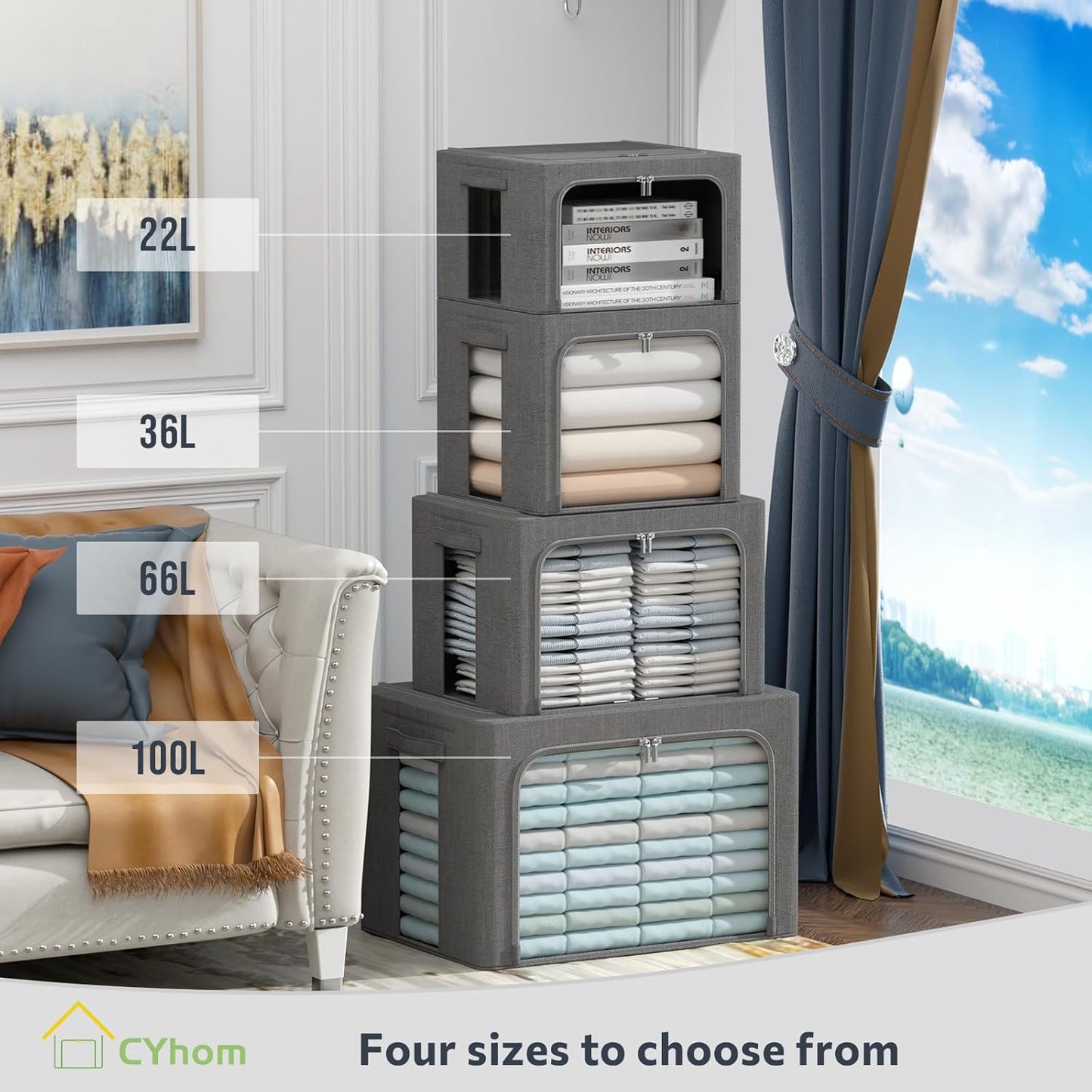 CYhom 4 Pack Clothes Storage Bins with Metal Frame - Linen Fabric Foldable Stackable Container Organizer Set with Clear Window & Carry Handles & Zippers (Dark Gray, 19.7"x15.7"x13")