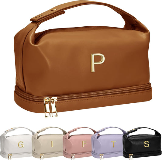 Unique Birthday Gifts for Women, Personalized Makeup Bag with Handle, Initial Double Layer Cosmetic Bag with Makeup Brush Organizer, Cute Cosmetic Pouch for Women, Tween Gift Ideas