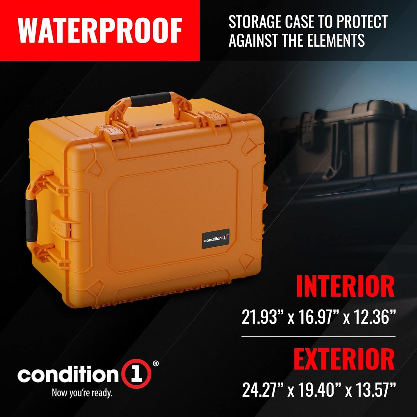 Condition 1 25" Large Heavy-Duty Protective Waterproof Hard Case, Model 024, Portable Storage Box with Customizable Foam, Camera, Tool, Hunting, Made in USA, 24.27"x19.40"x13.57" Orange