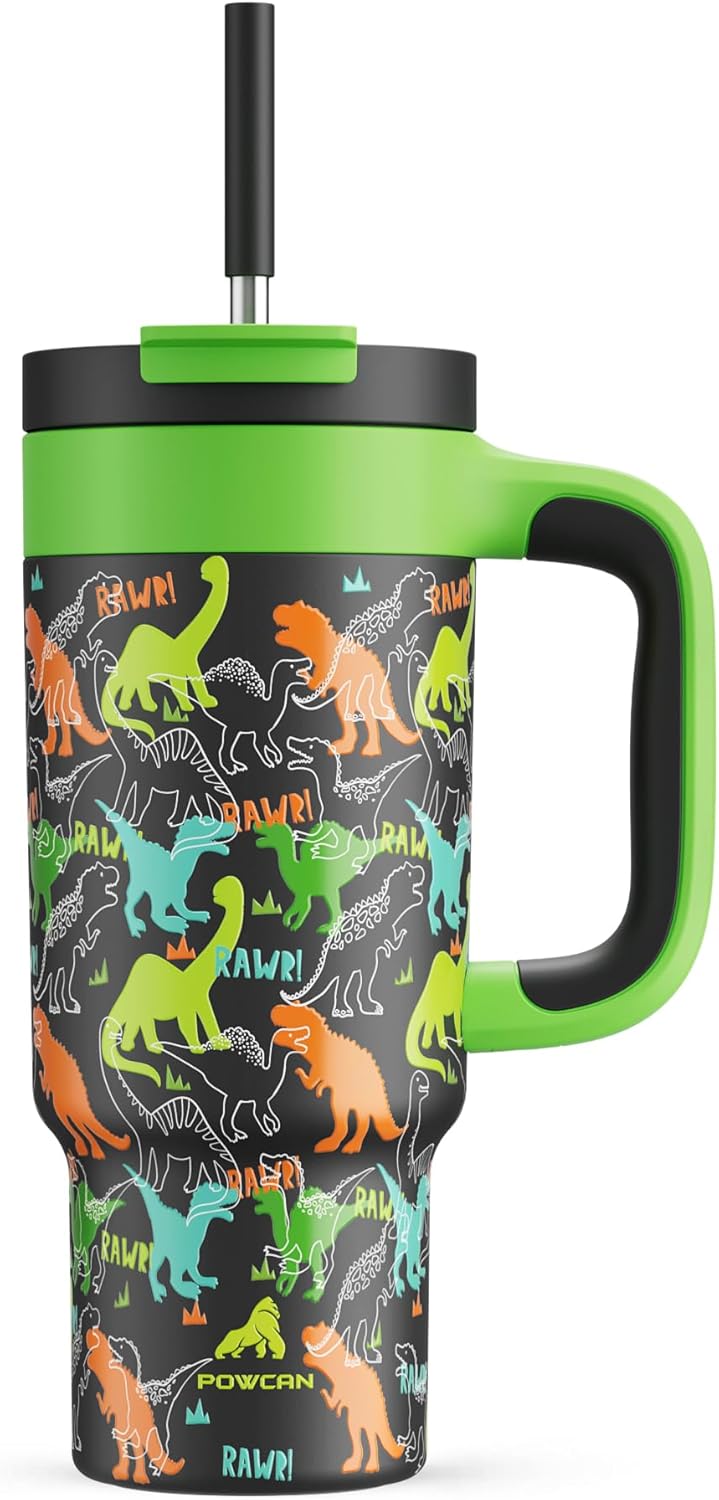 24 oz Kids Tumbler with Straw for Boys: Leakproof, Cold for 26 Hrs, Hot for 10 Hrs, Durable Handle, Insulated Stainless Steel Cup for Daycare, School, Classroom, Playtime, Birthday, Gift (Dino Rawr）