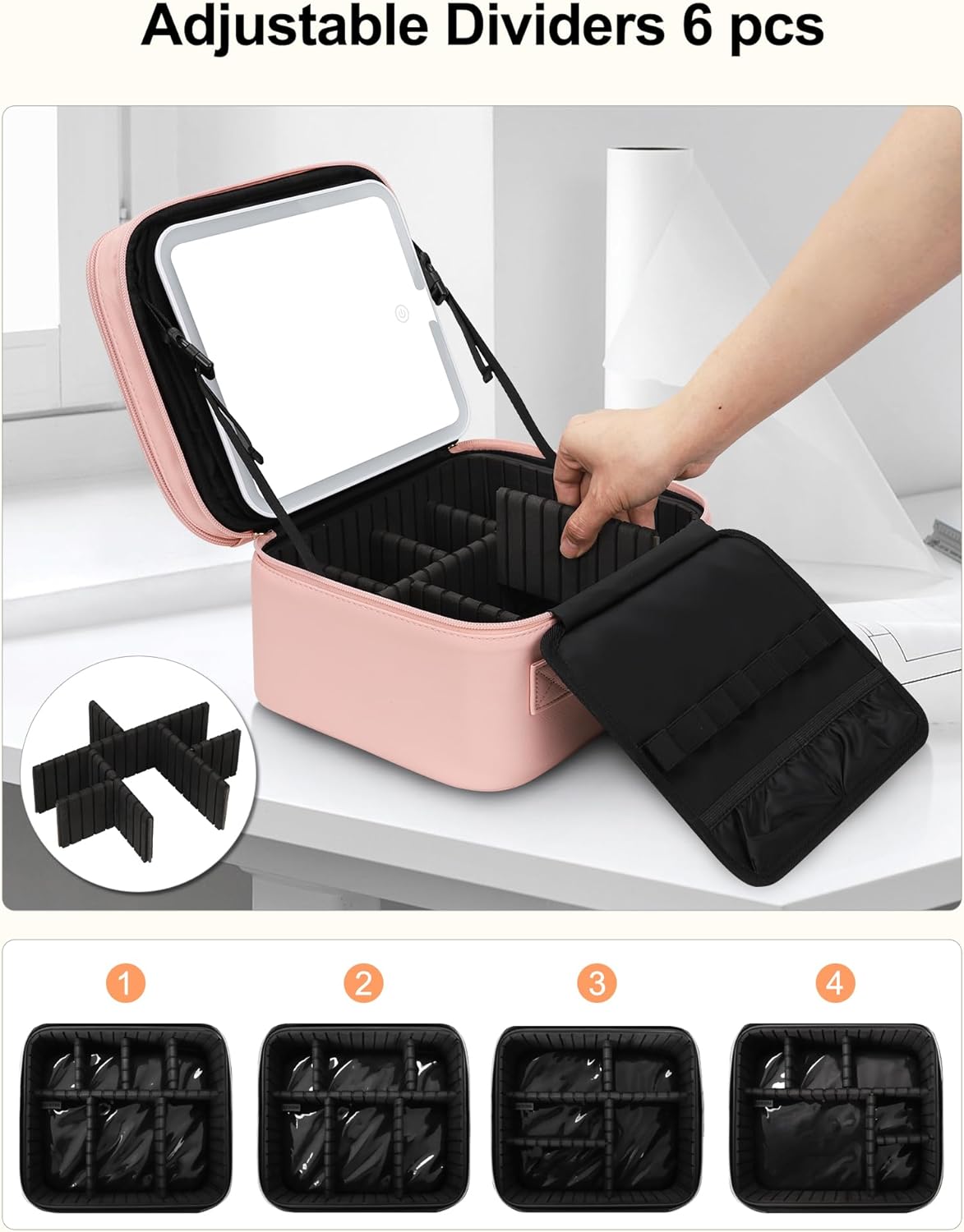 Travel Makeup Bag with LED Mirror Double Layer Makeup Case with Lighted Mirror Dual Layer Cosmetic Train Case Portable Artist Organizer Bag with Dividers and Rechargeable Vanity (Pink, Small)