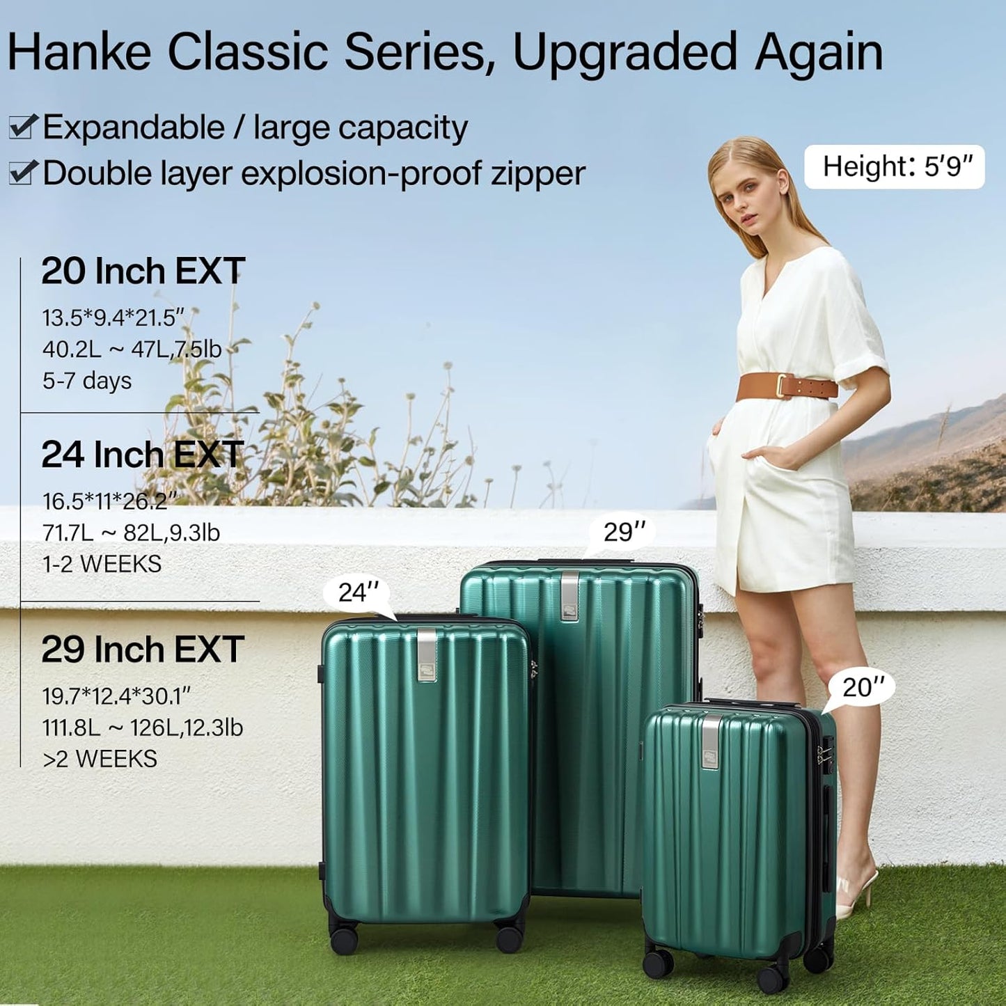 Hanke Expandable Hardshell Luggage Sets 3 piece Carry on Luggage with Wheels Suitcases Lightweight Checked Travel Luggage Rolling Large Suitcase Travel Luggage Bag Woman Men 20/24/29 IN,Blackish Green