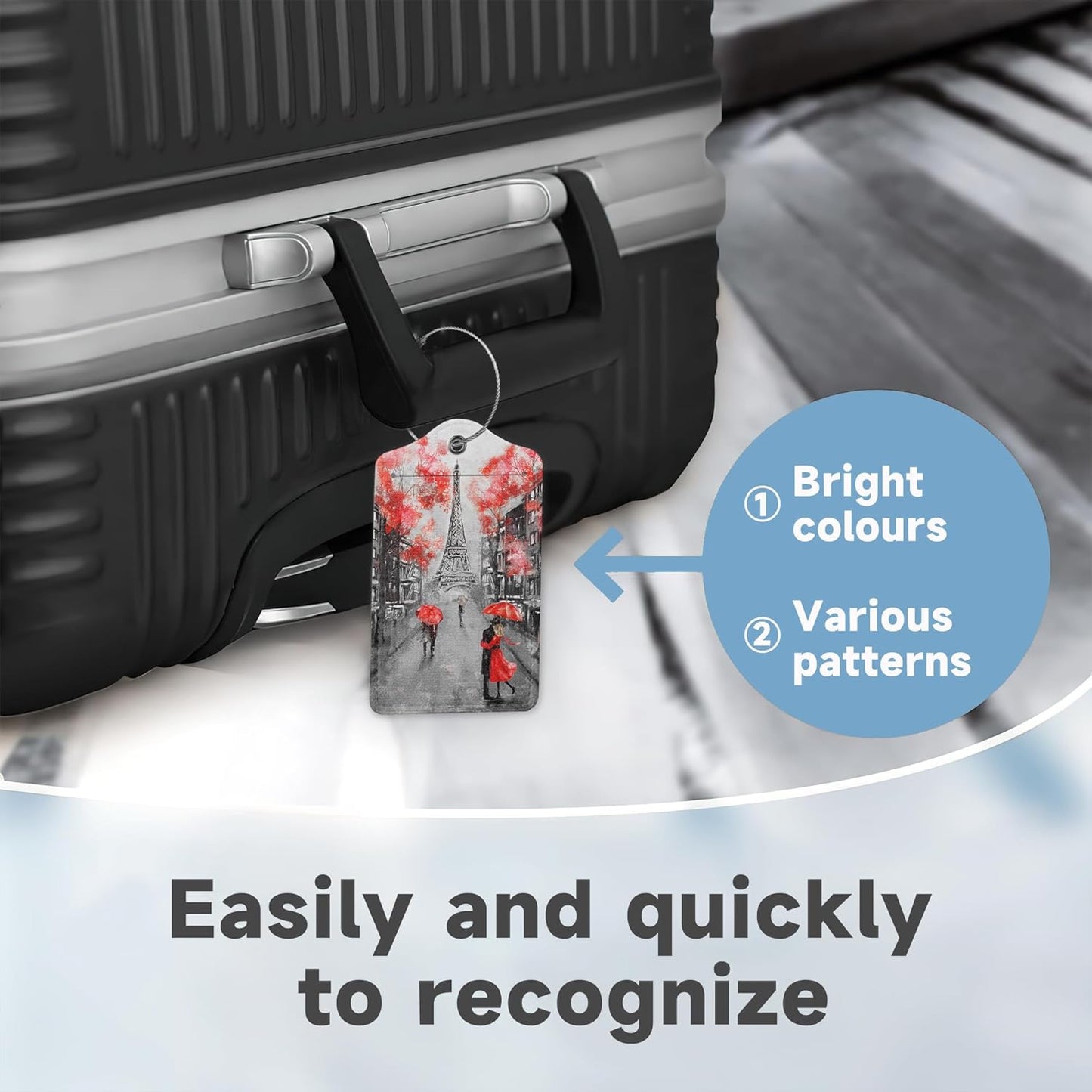 Set of 2 Luggage Tags for Suitcases, Leather Romantic Eiffel Tower Baggage Tags with Stainless Steel Loop, Privacy Name ID Card Cover Kawaii Travel Labels for Women Men Kids Girls