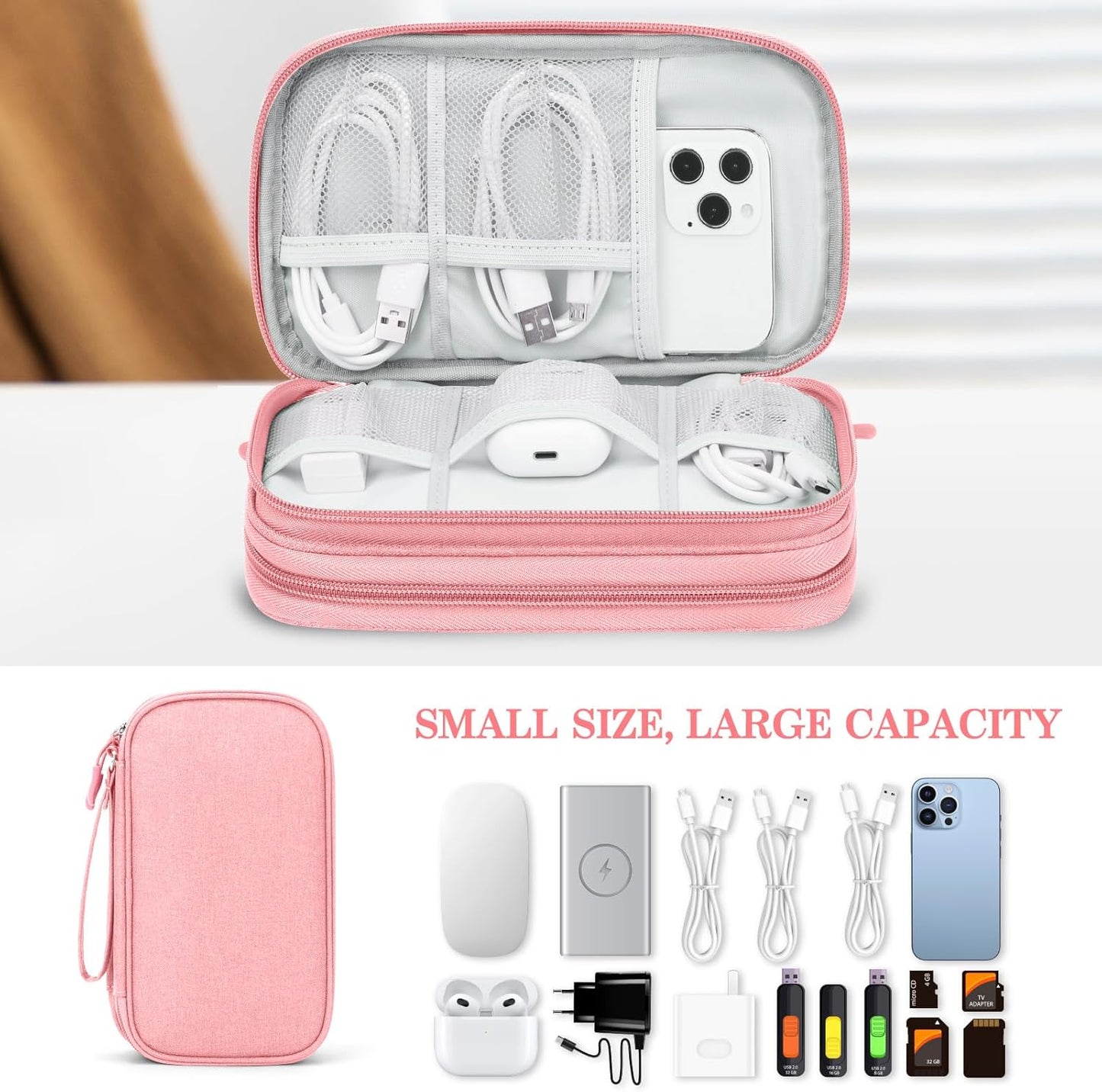 FYY Electronic Organizer, Electronic Accessories Carry Case Portable Waterproof Pouch Double Layers Storage Bag for Travel Cable, Cord, Charger, Phone, Earphone, Medium Size, Pink