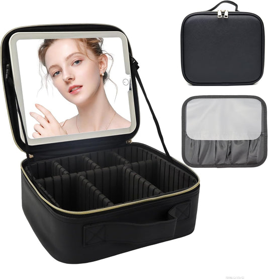 Travel Makeup Bag with LED Mirror and Light Travel Makeup Case Cosmetic Organizer Portable Cosmetic Brush Organizer Bag with Adjustable Dividers for Cosmetics Makeup Brushes Toiletry (Black)