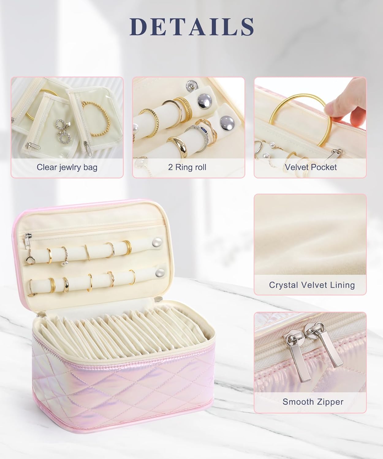 Large Travel Jewelry Organizer Box with 20 Clear Velvet Bags, Anti-Tangle & Anti-Oxidation Jewelry Case for Rings, Earrings, Necklaces & Bracelets – Quilted Pink Design, Gift for Women & Girls, Pink