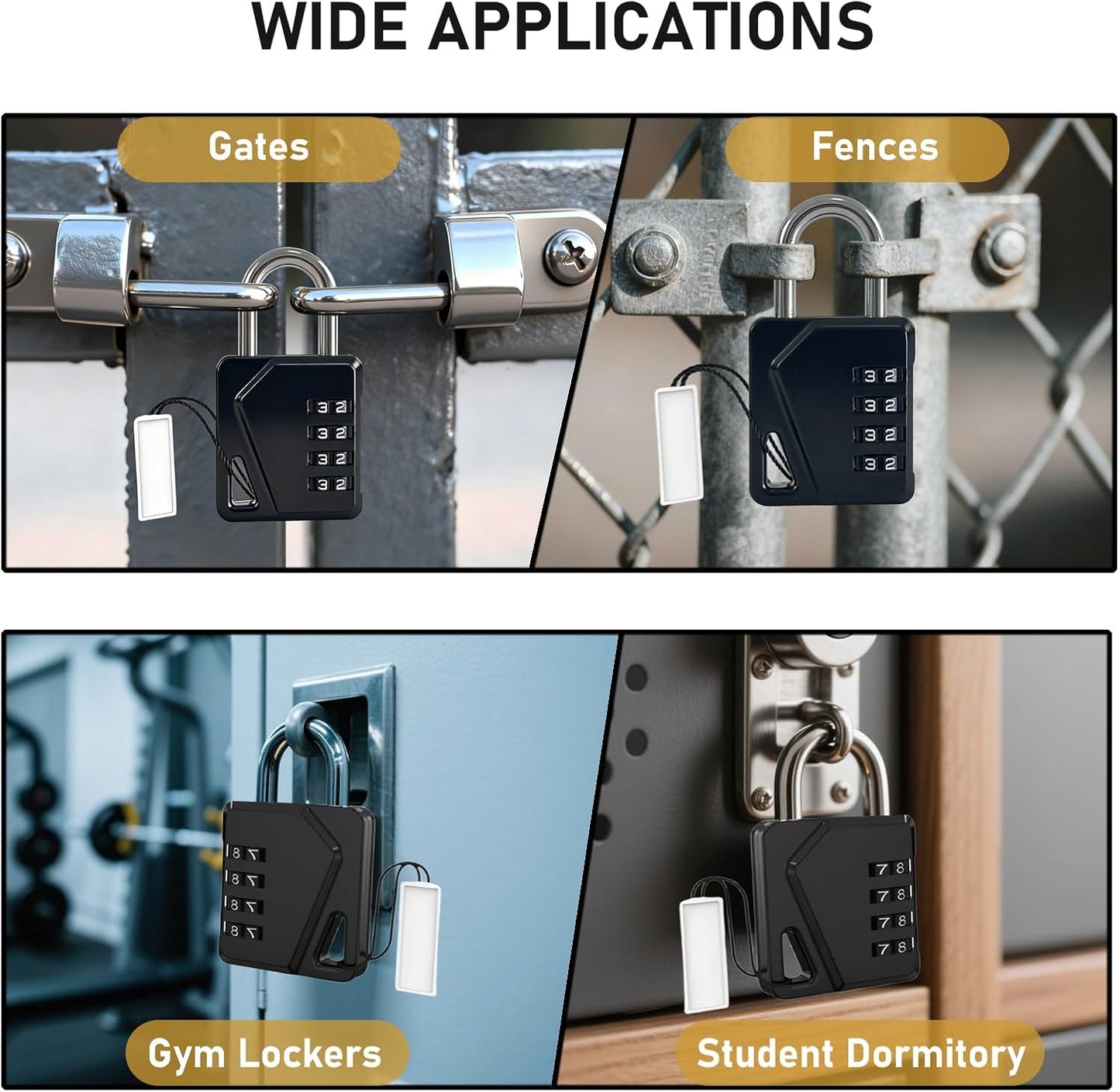 LAFENLIN 4 Pack Combination Locks, Locker Locks with Writable Tag, 4 Digit Padlock for Cases, Gym, Backpack, Backyard Gate, Fence, Hasp, Indoor, Outdoor Gate Lock, Weatherproof (Black - NO Key)