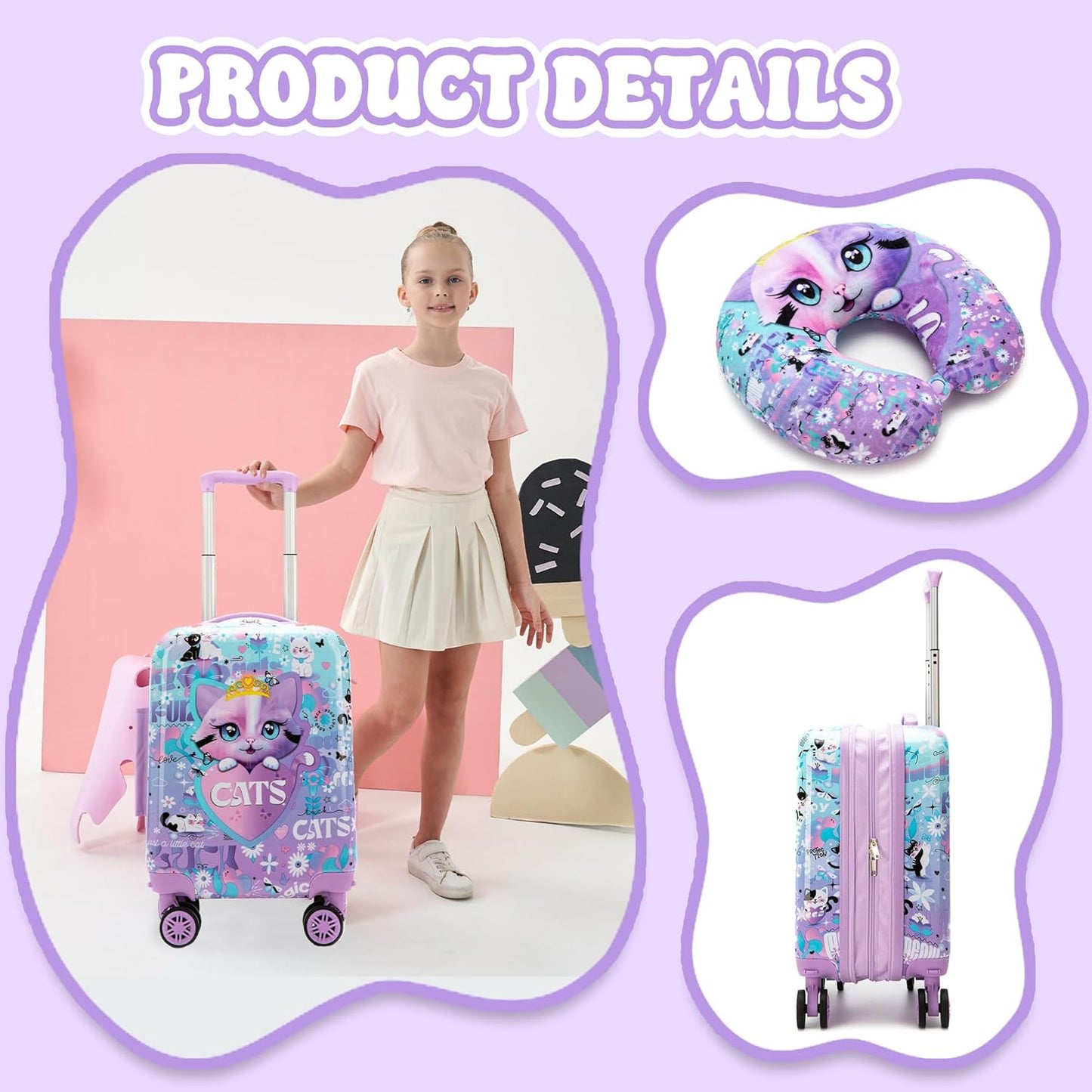 Kid’s Luggage Set 5 Piece Suitcase Set 16’’ Hardside Luggage with Spinner Wheels Girls Carry on Toddler Travel Rolling Suitcase Carry on Luggage Airline Approved