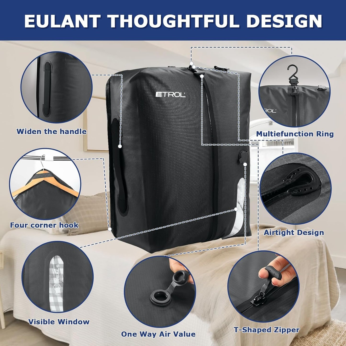 TPU Vacuum Bag for Travel, 70D Nylon Reusable Compression Bag with IP67 Waterproof Zipper, Compression Packing Cubes for Clothing, Space Saver Bags for Luggage and Backpack(Gray-2 PCS)