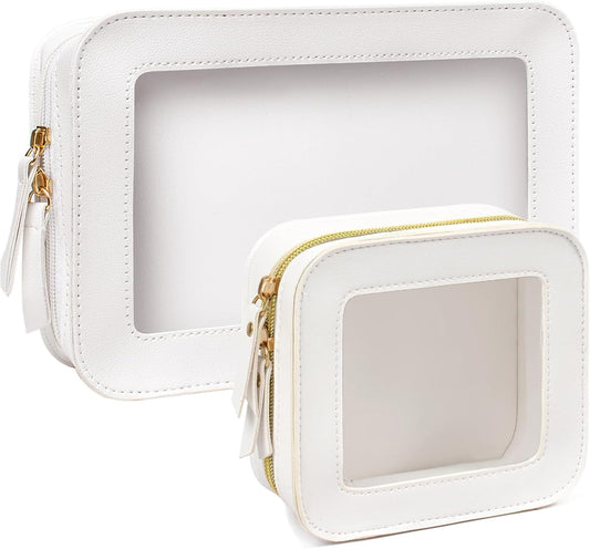 2 Pcs Clear Makup Bag Set, Small Travel Cosmetic Case Waterproof Clear Cosmetic Bags with Zipper Cute Make Up Bag Pouch Mini Car Essentials for Women Travel Car Organizer (White Set)