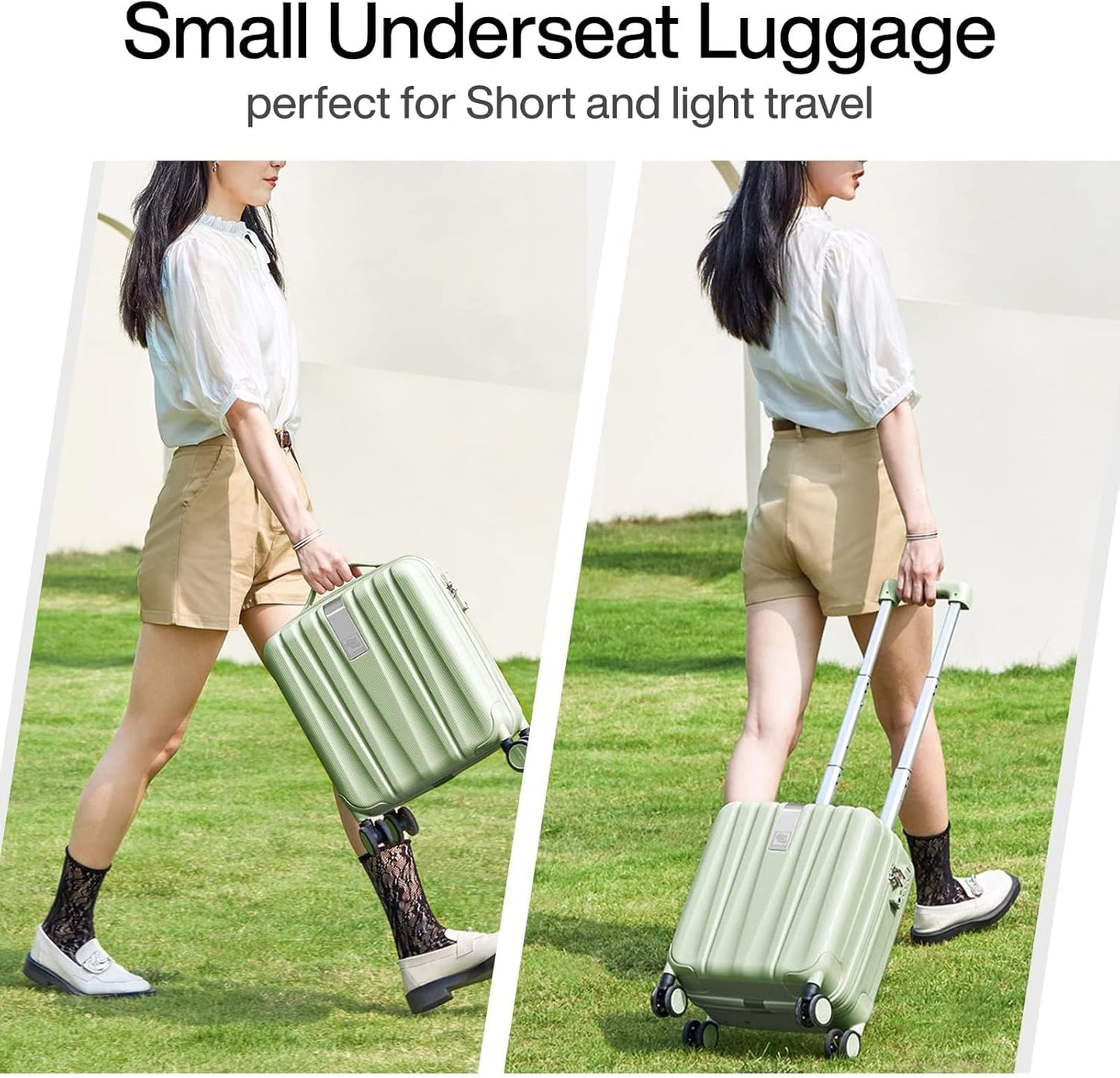 Hanke 14 Inch Underseat Carry On Luggage with Wheels Hard Shell Suitcases Carry On Bag Lightweight Small Mini Suitcase Travel Luggage for Travel（Bamboo Green）