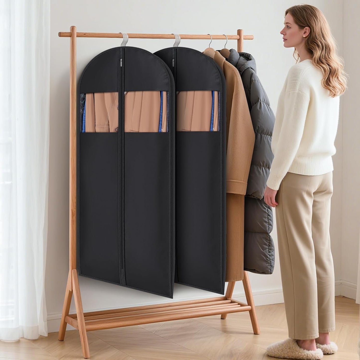 Syeeiex 54'' Space Saving Hanging Garment Bag with Self Compression Zipper(2PCS) - Save 50% Space, Garment Bags for Hanging Clothes with 8'' Gussets, Can Hold 6 Down Coats, 8 Winter Coats or 20 Shirts