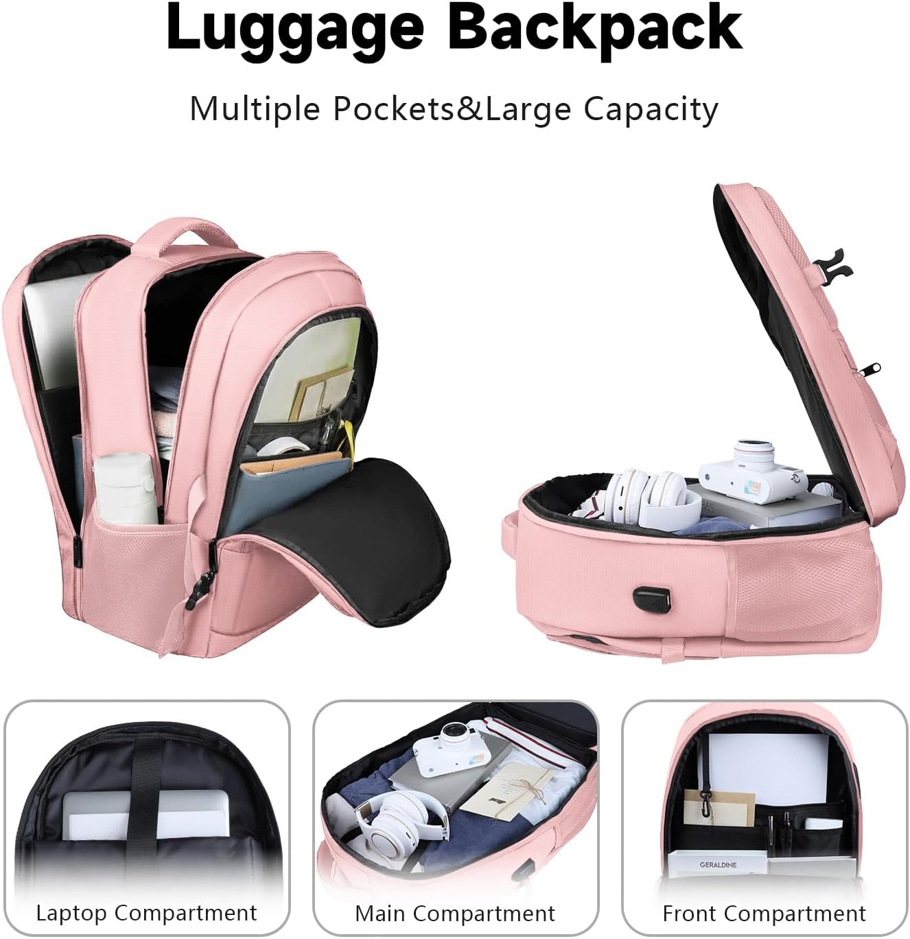 Lapsouno Business Laptop Backpack,Travel Backpack, Carry on Backpack for Women, TSA 15.6 Inch Travel Laptop Backpack with USB Port, College School Business Backpack for Women, Light Pink