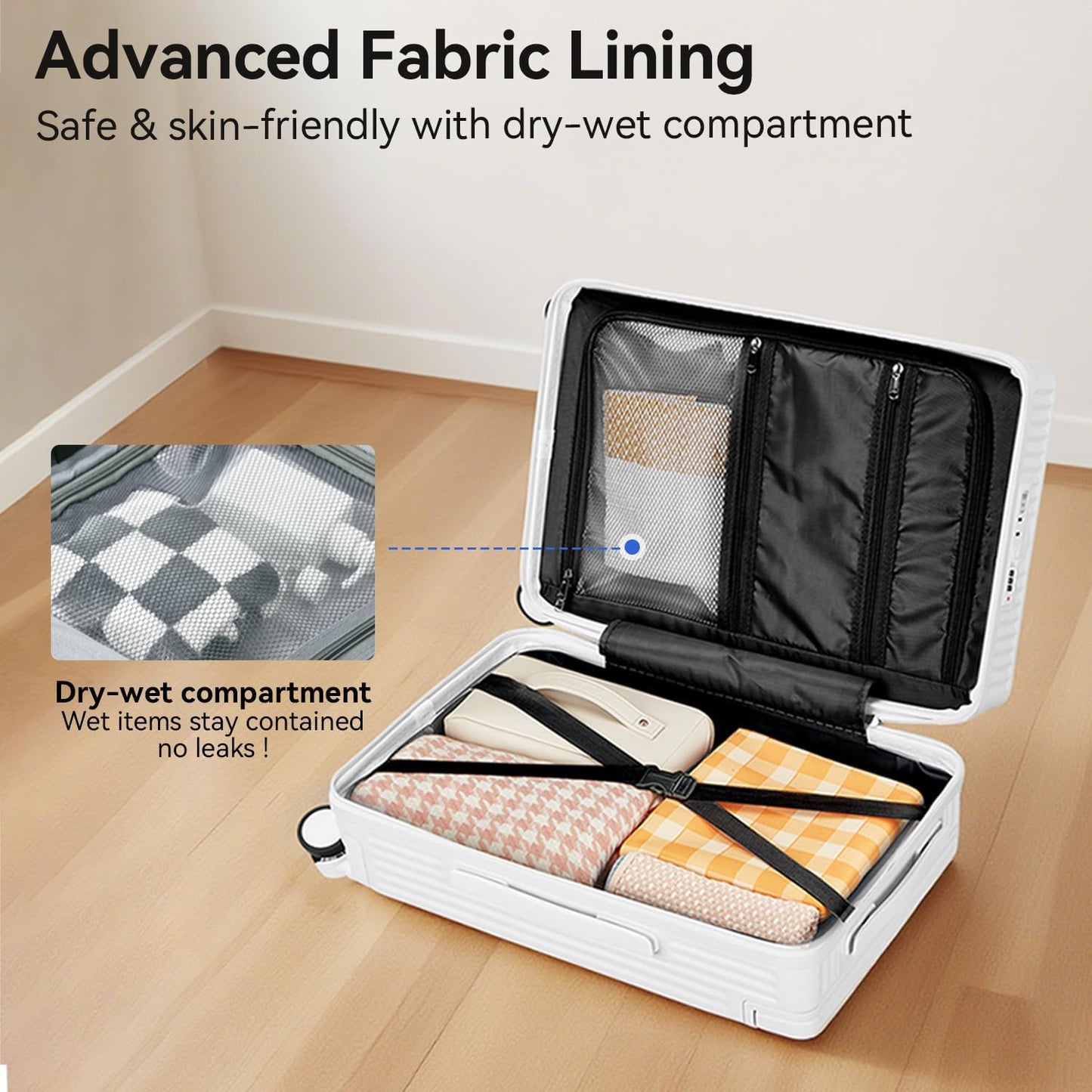 SOKOK Front Pocket Luggage with Spinner Wheels, 24'' Wide Handle Travel Suitcase PC Hardshell Multifunctional Luggage with Charging Port and Cup Holder, White