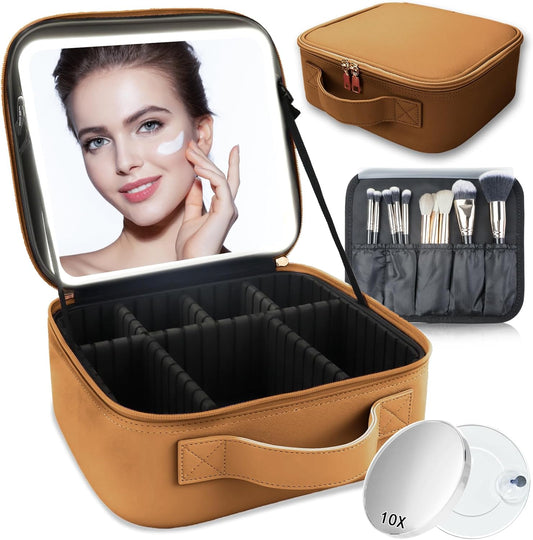 Makeup Bag with Led Mirror,Travel Makeup Organizer with 3 Color Setting & 10X Magnifying Mirror, Portable Storage and Adjustable Dividers Travel Makeup Bag-brown