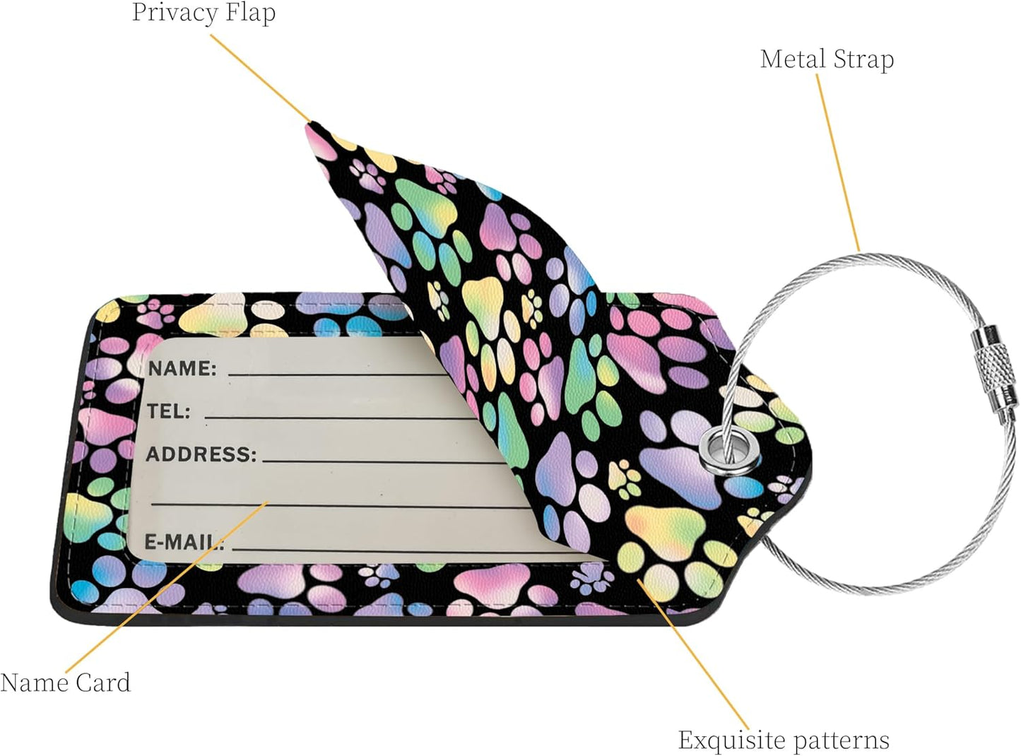 2 Pcs Luggage Tags for Suitcase, Cute Unique PU Leather Travel Bag Tag with Privacy Cover ID Label Address Card and Durable Metal Ring Suitable for Men Women Children Backpack,Colorful Dog Paw Prints