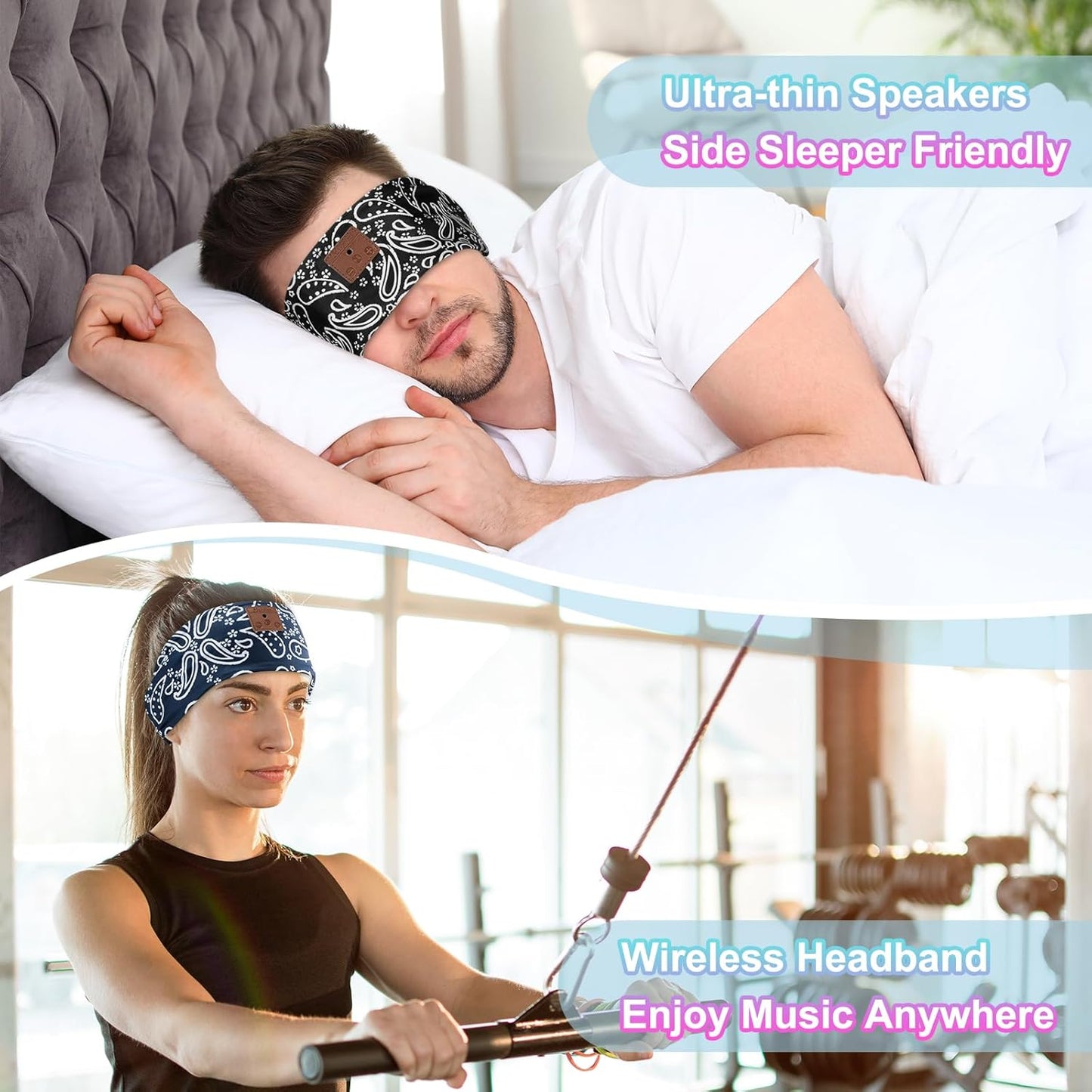 2-Pack Sleeping Headphones, Bluetooth 5.4 Headband Headphones, Wireless Bluetooth Headband for Yoga, Running, Workout, Travel, Sports, Unique Presents for Adult Teens - Black&Blue