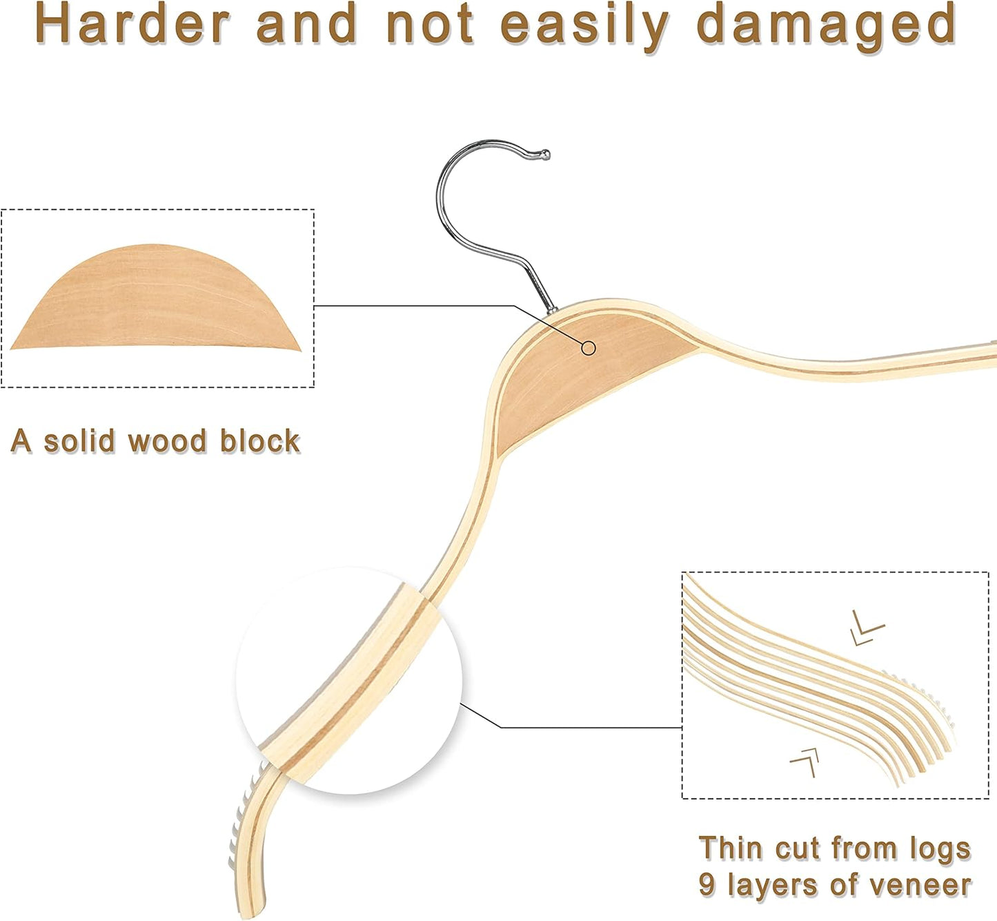 TOPIA HANGER Slim Natural Wood Hangers with Extra Soft Non-Slip Rubber Grips, 18-Pack High-Grade Fashion Hanger No Shoulder Bump for Sweater, Camisole, Jacket, Dress, Coat -CT16N