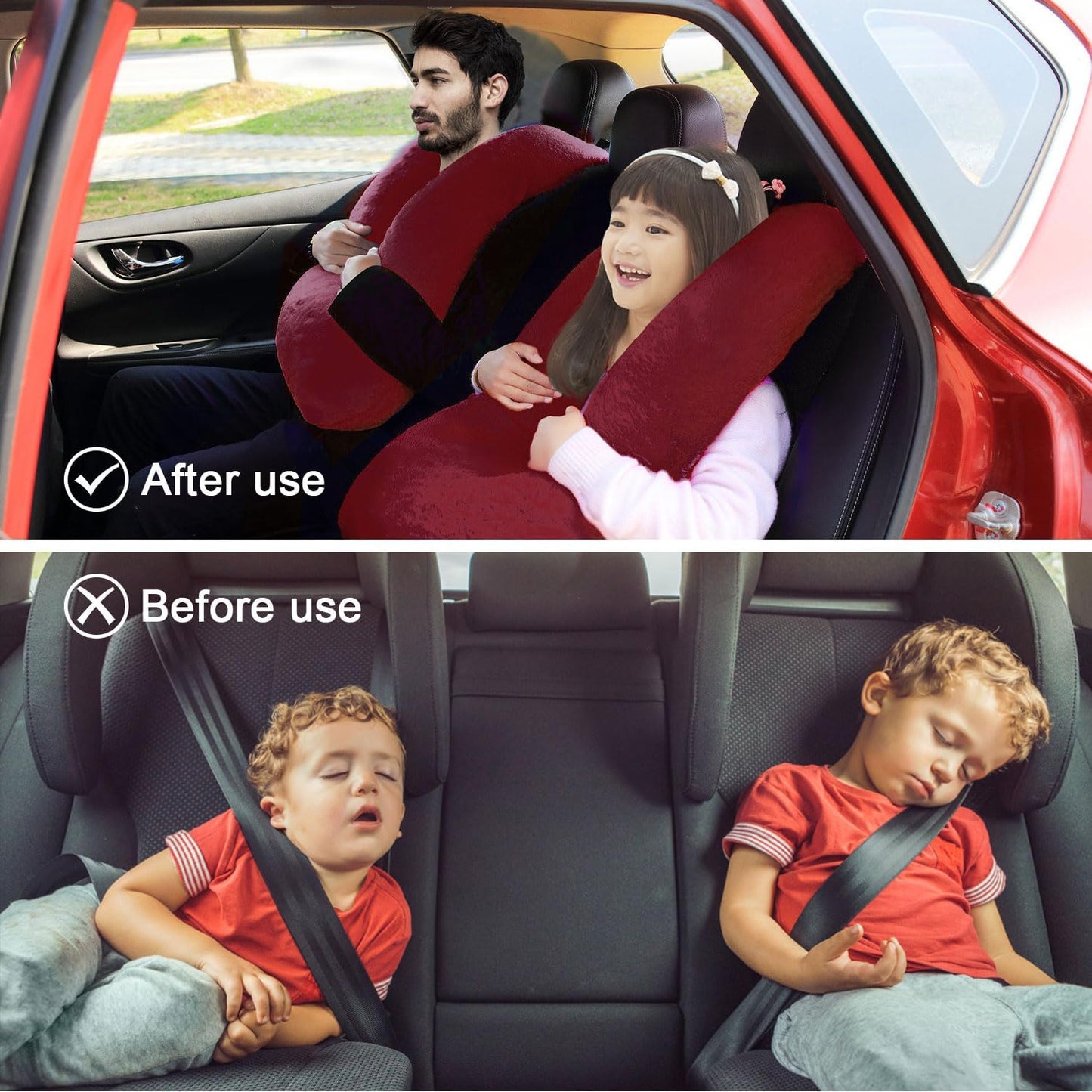 Travel Pillow, Travel Pillow for Kids, Sleeper Hold Pillow Travel, Removable U-Shaped Pillow for Adults and Children to Support Head and Body in The Back Seat of Long Car Trips (Dark Red)