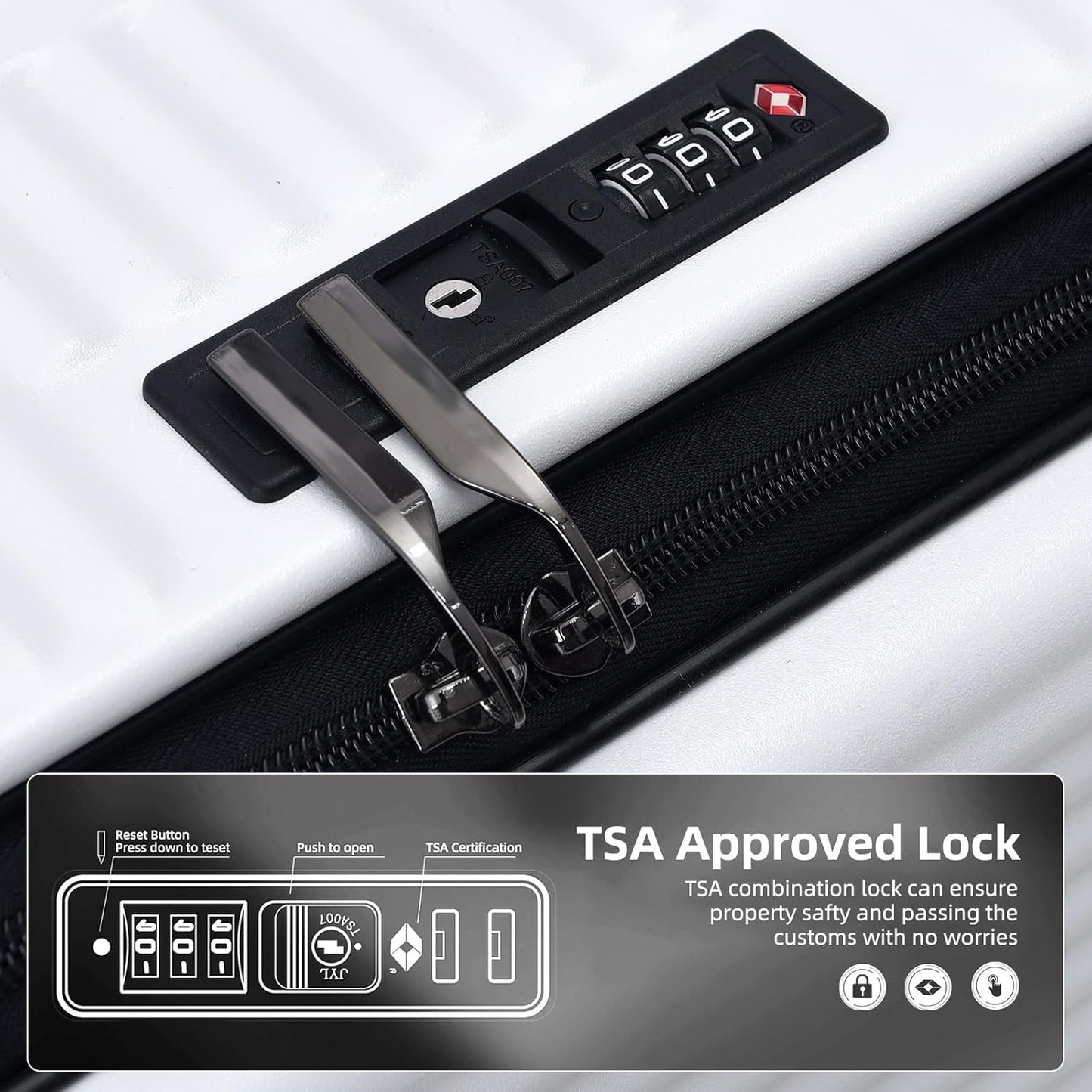 29 Inch Aluminum Checked Luggage with Side Opening Zipper, 40 * 37 * 77cm, 113L, Lightweight Hardshell ABS+PC Suitcase with TSA Lock, 360° Universal Wheels, White