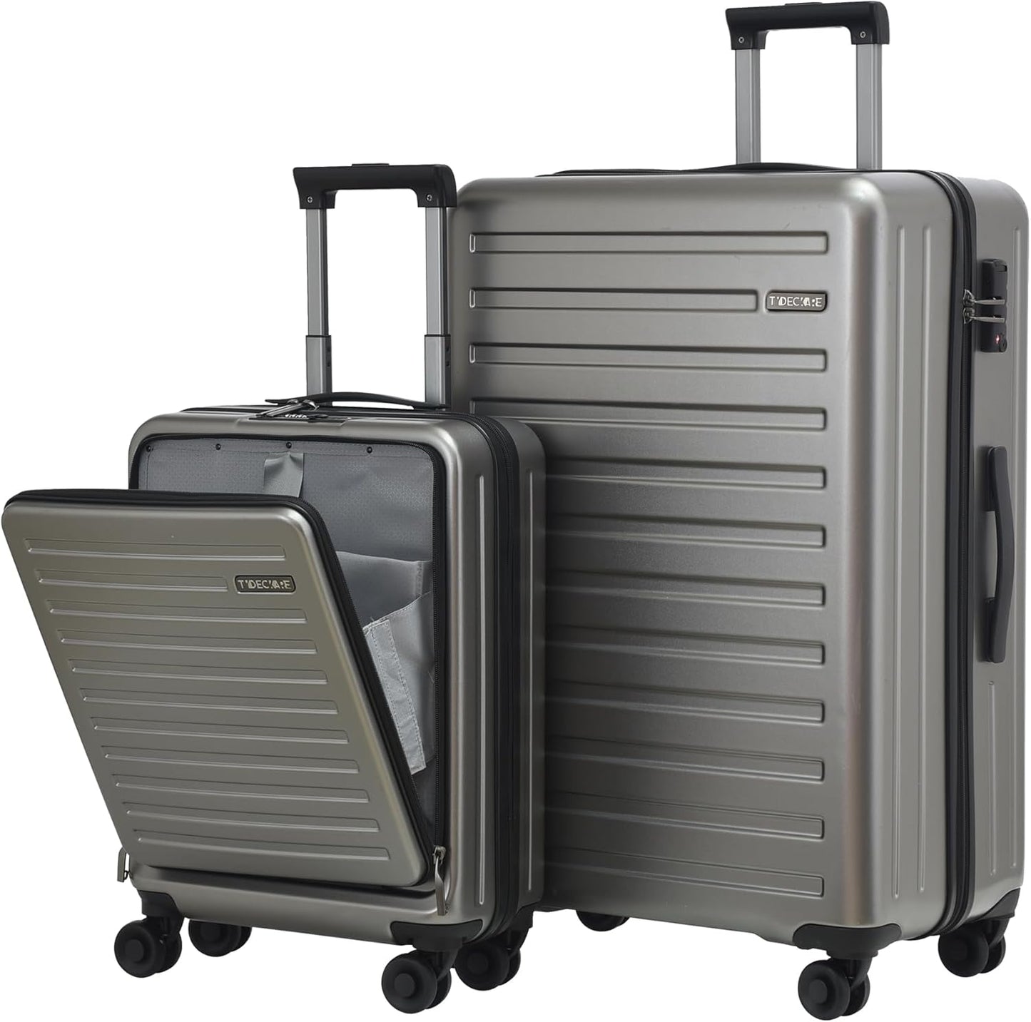 TydeCkare 2pcs 20/28" Luggage Set Lightweight HardShell, Only 20 Inch Carry On 21.65 * 15.35 * 7.87" Cabin Suitcase with Front Pocket, 28 Inch 19.68 * 11.81 * 29.92" Checked Luggage, Gray