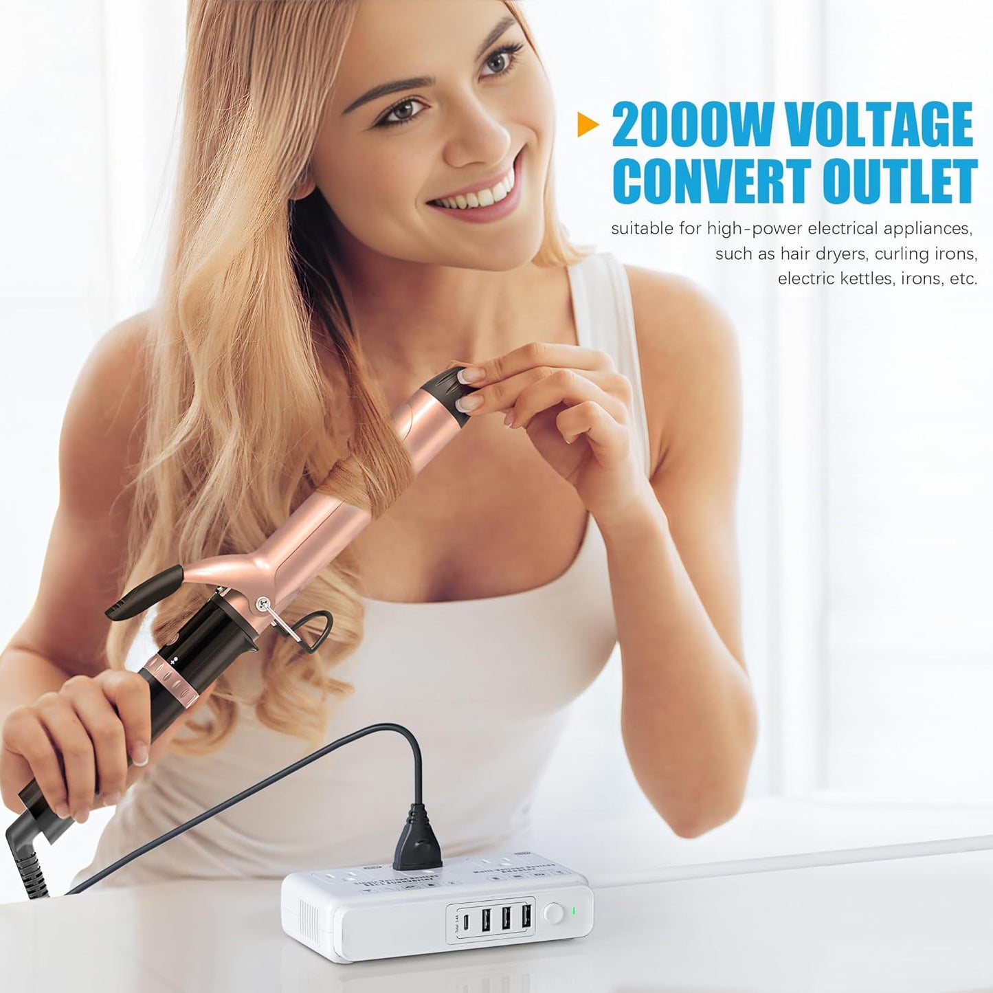 220v to 110v Voltage Converter Adapter: International US to Europe Travel Power Strip Plug Transformer - 2000W Electric Hair Dryer Step Down Outlet Converters for US European UK EU Italy