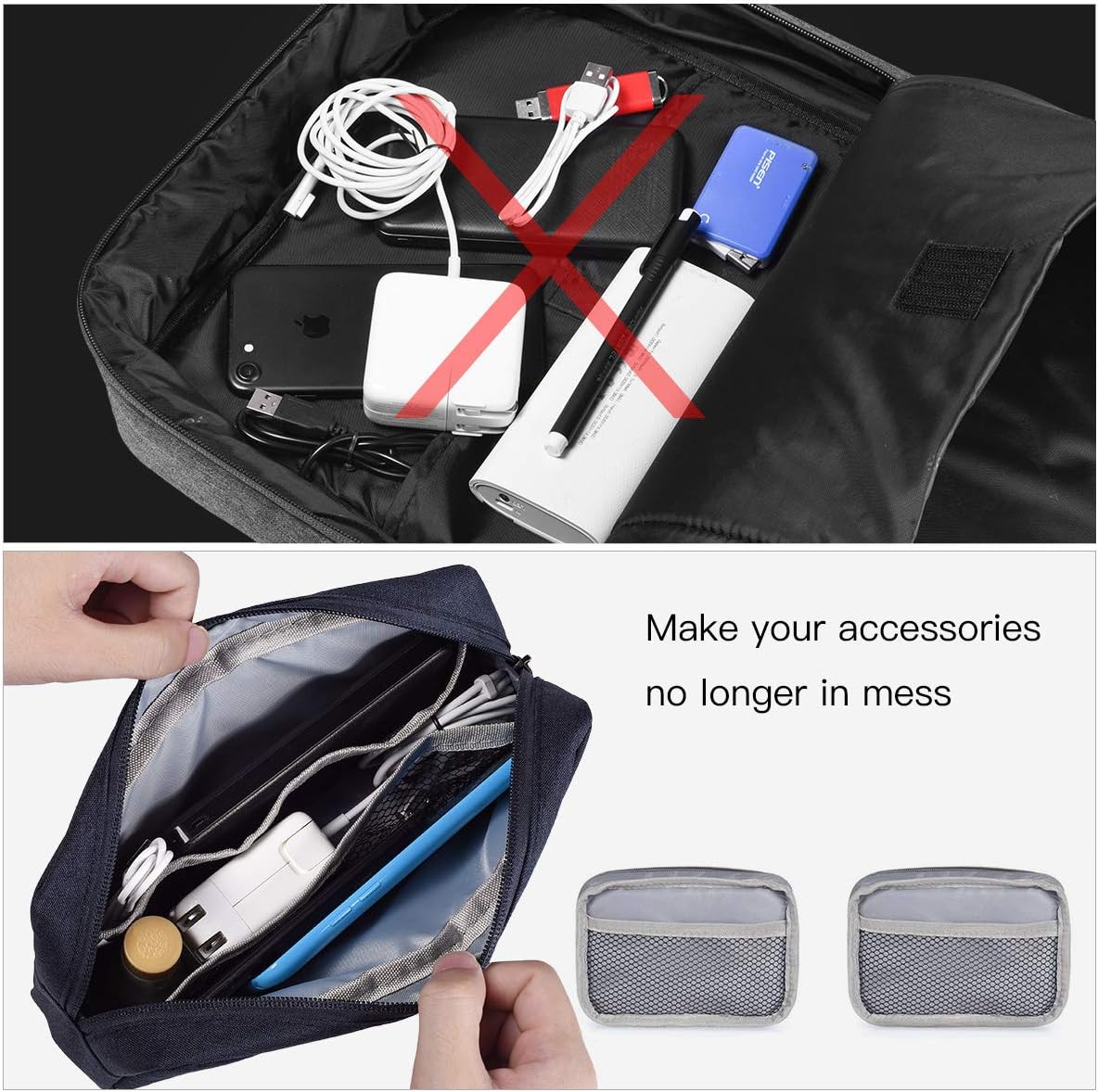 2-Pack Portable Storage Pouch Bag, Universal Electronics Accessories Case Cable Organizer Compatible with Hard Drive, Laptop Mouse, Power Bank, Adapter, Cellphone, Cosmetics (Small+Big-Navy Blue)