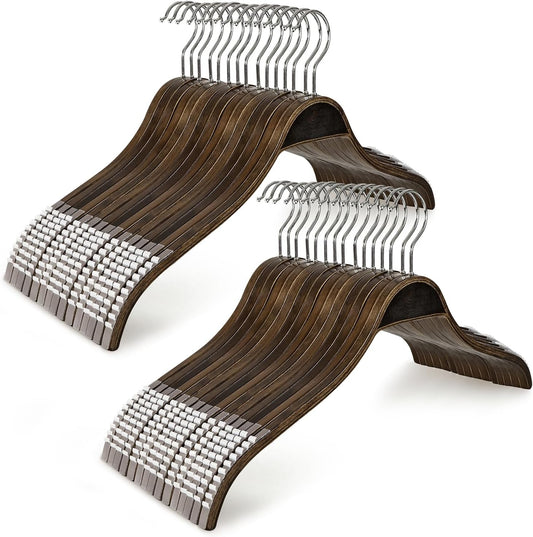 TOPIA HANGER Slim Wooden Hangers with Extra Soft Non-Slip Rubber Grips, 30-Pack High-Grade Fashion Hanger No Shoulder Bump for Sweater, Camisole, Jacket, Dress, Coat (Antique)-CT15A30