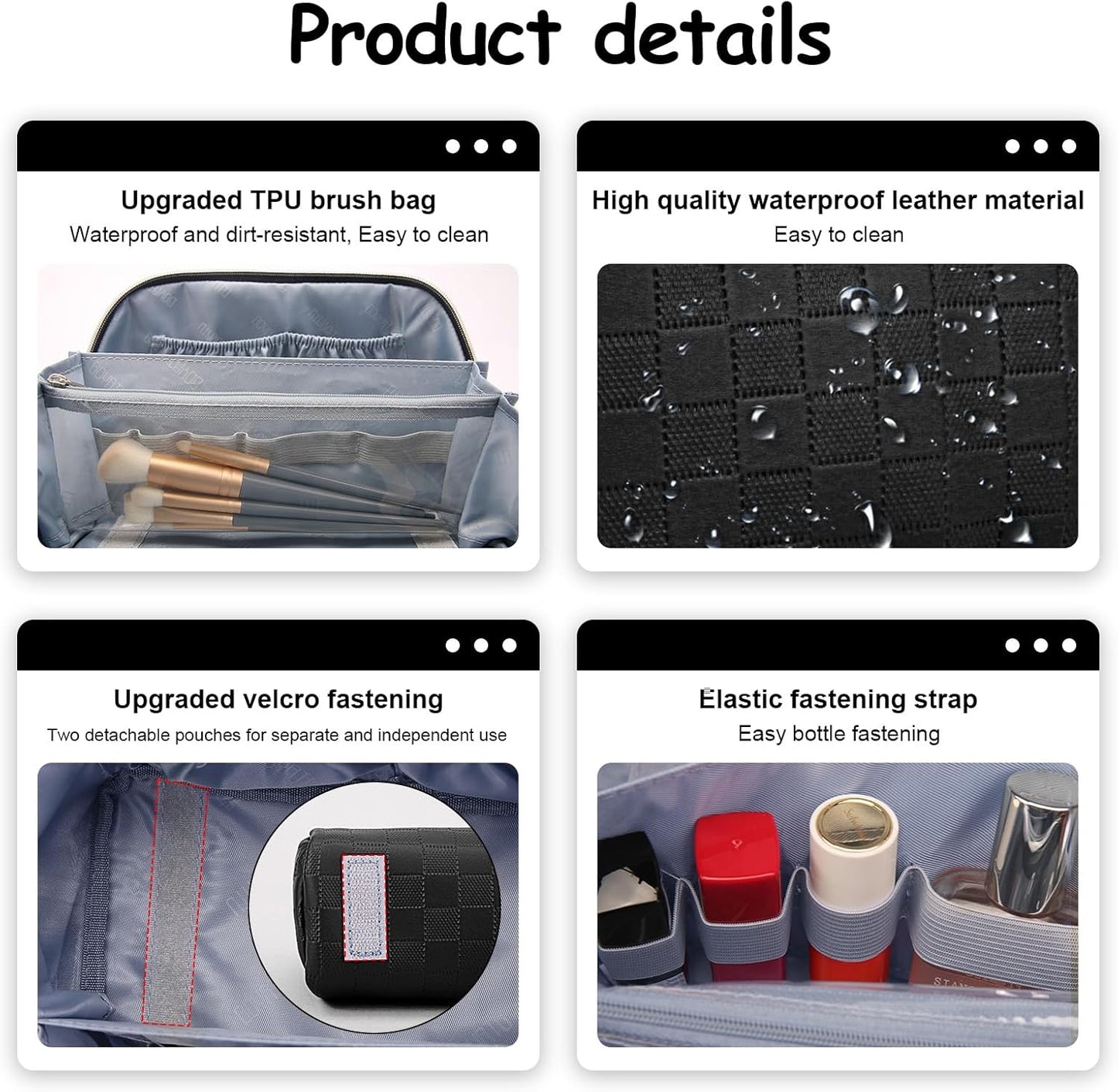 BOYATU Travel Makeup Bag Organizer Cosmetic Bag: 3 Pcs Set Make up Bags for Women with Handle - Waterproof Vegan Leather Toiletry Bags with Comparments (01-Black)