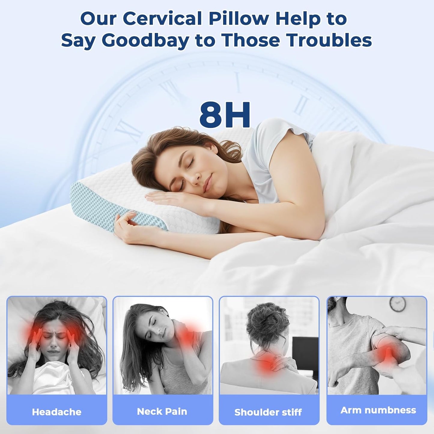 Memory Foam Pillows 2 Pack Neck Pillow - Neck Support Pillow for Pain Relief, Ergonomic Cervical Pillow for Sleeping, Orthopedic Contour Bed Pillow for Side, Back, Stomach Sleepers,Blue