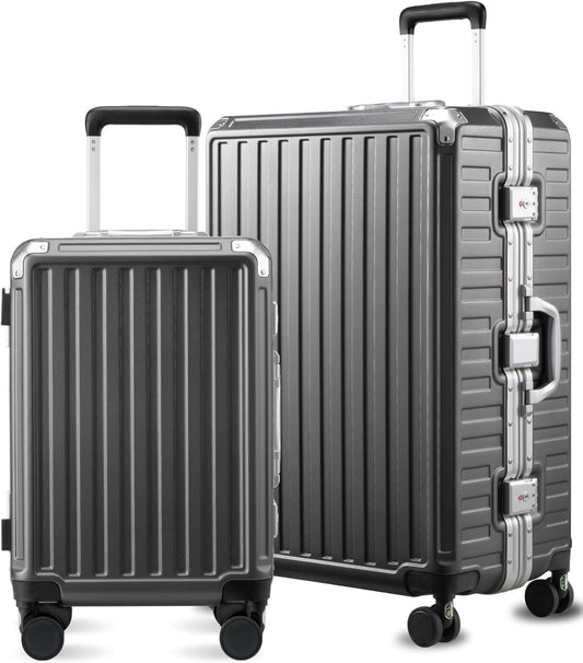 LUGGEX Luggage Sets with Spinner Wheels, 2 Piece (20/28) Aluminum Frame Zipperless Polycarbonate Hard Shell Suitcase Sets, Charcoal Metallic